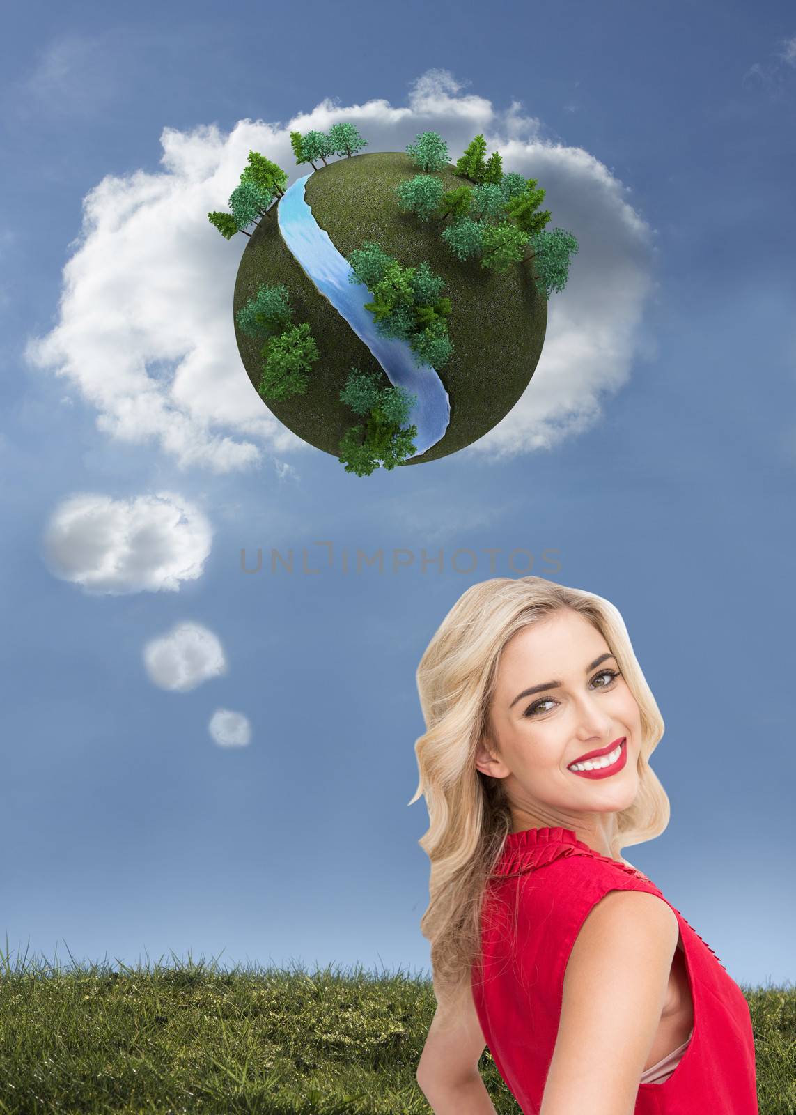 Composite image of smiling blonde standing hands on hips by Wavebreakmedia