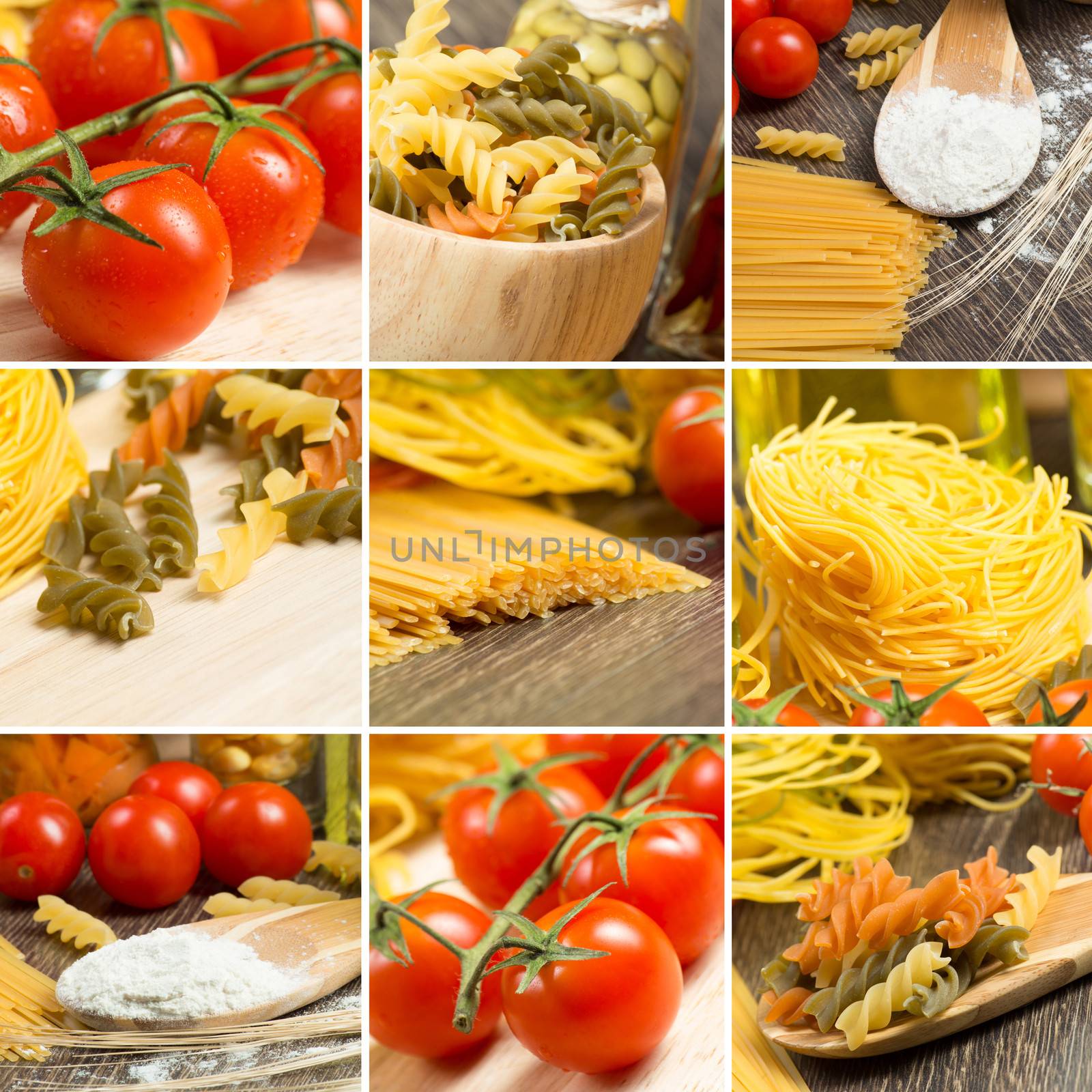 pasta and cherry tomatoes, collage from several images