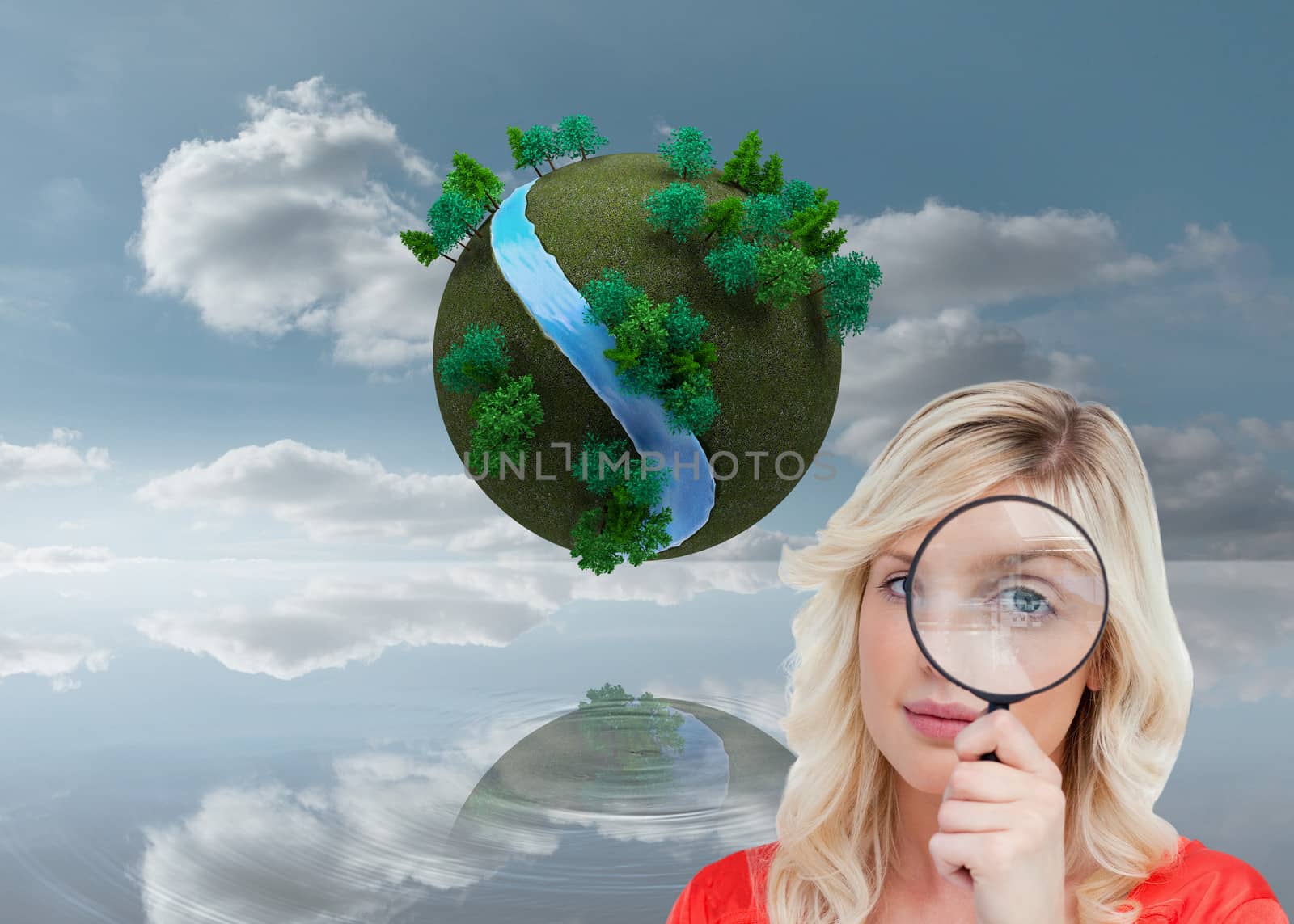 Composite image of fair-haired woman looking through a magnifying glass