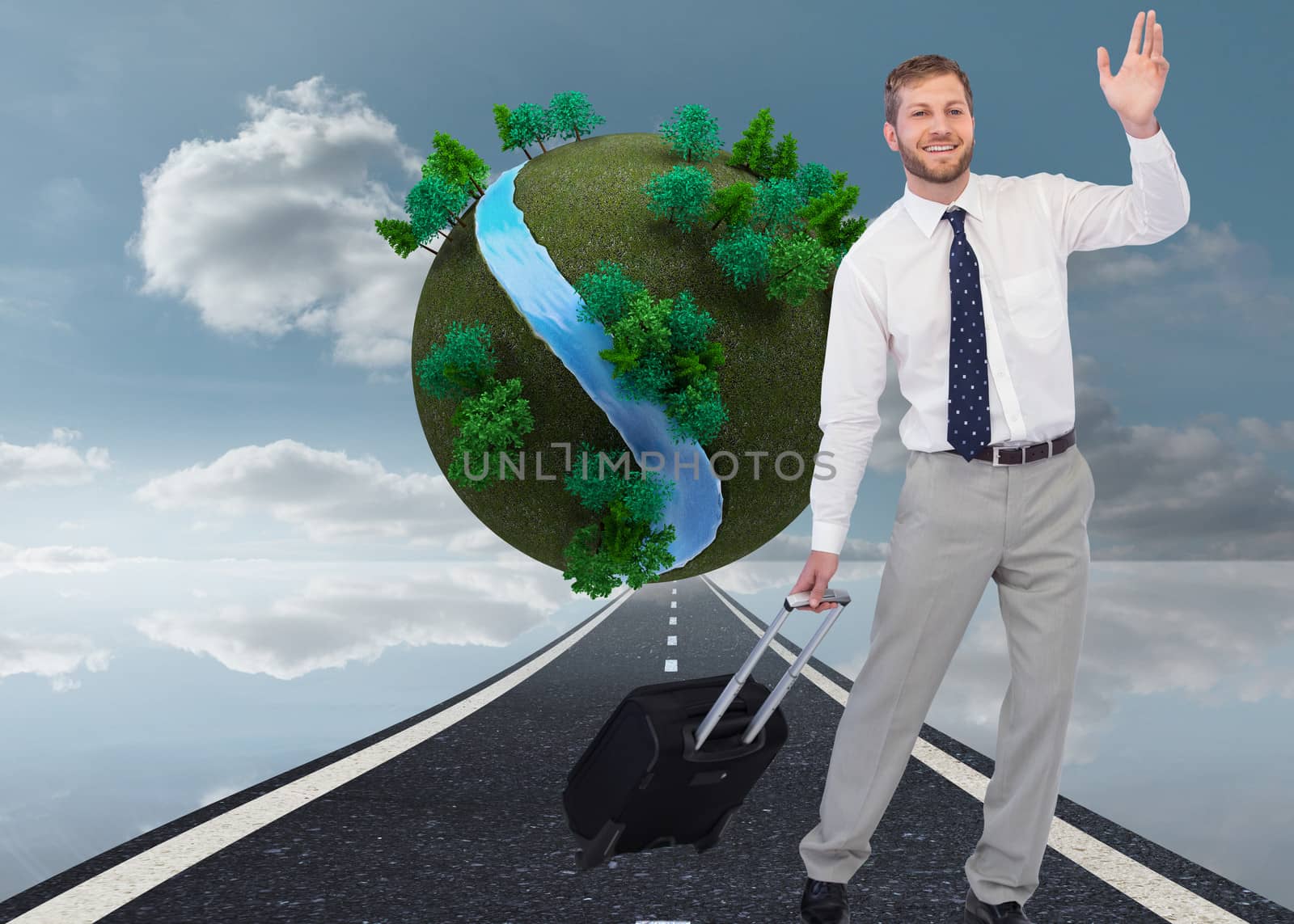 Composite image of handsome businessman with suitcase waving by Wavebreakmedia