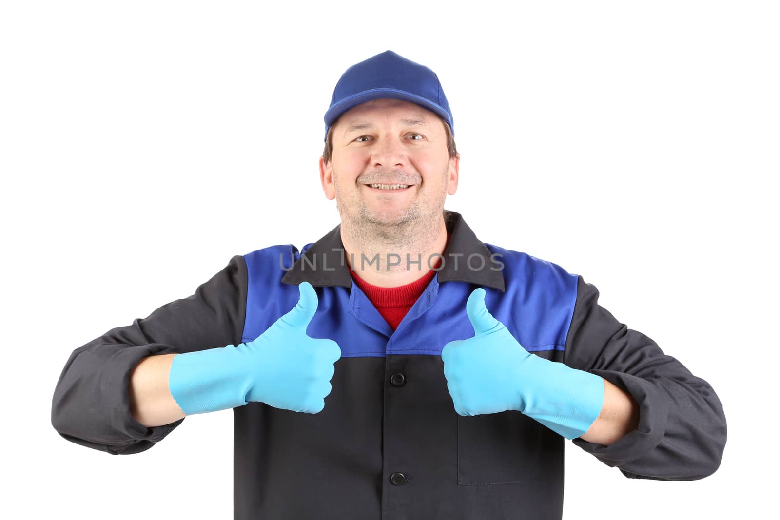 Pleased and happy worker with thumbs up. Isolated on a white background.