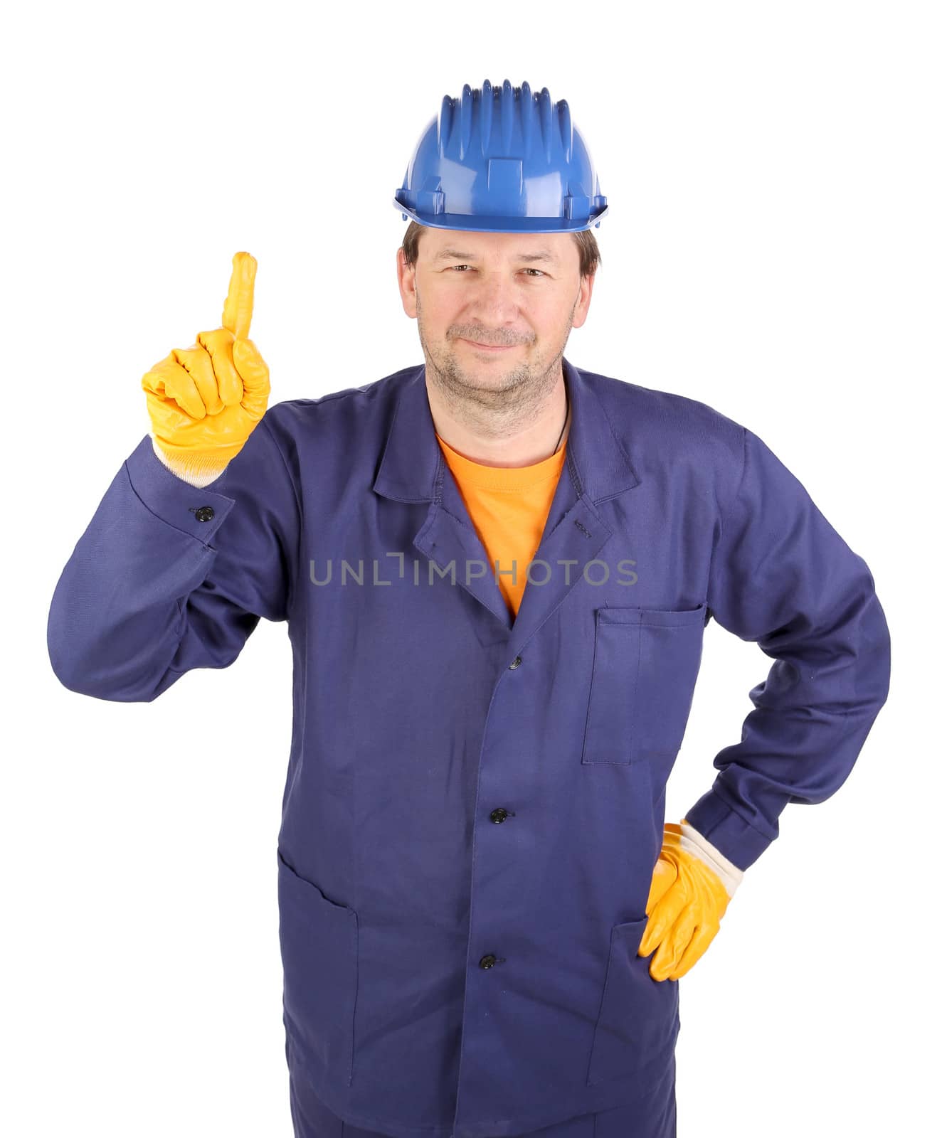 Worker shows hand attracting attention. Isolated on a white background.