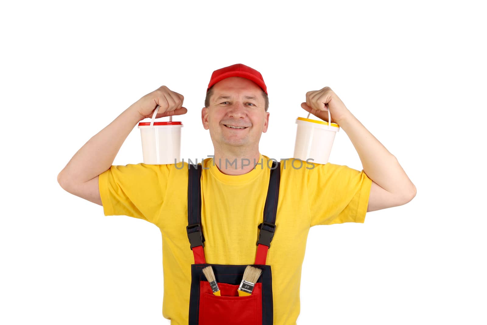 Worker holding two buckets. Isolated on a white background.