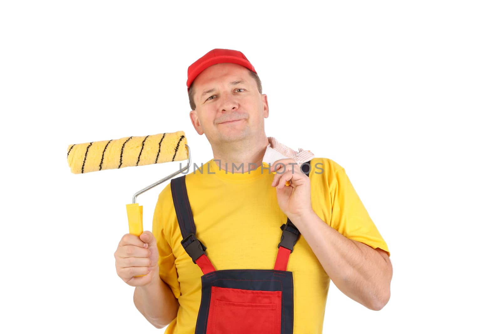 Worker with roll and glove. Isolated on a white background.