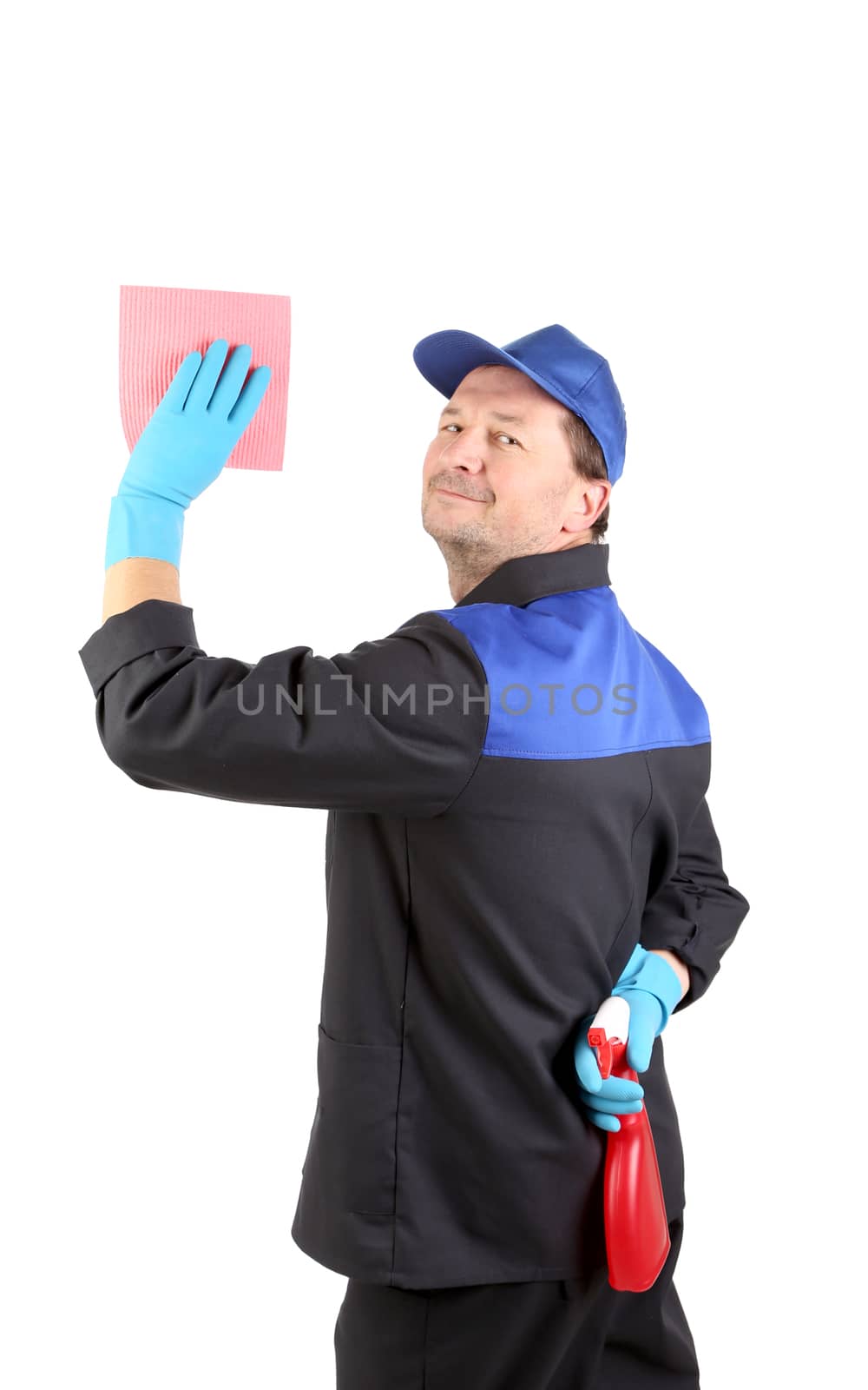 Man holds spray bottle and sponge. Isolated on a white background.