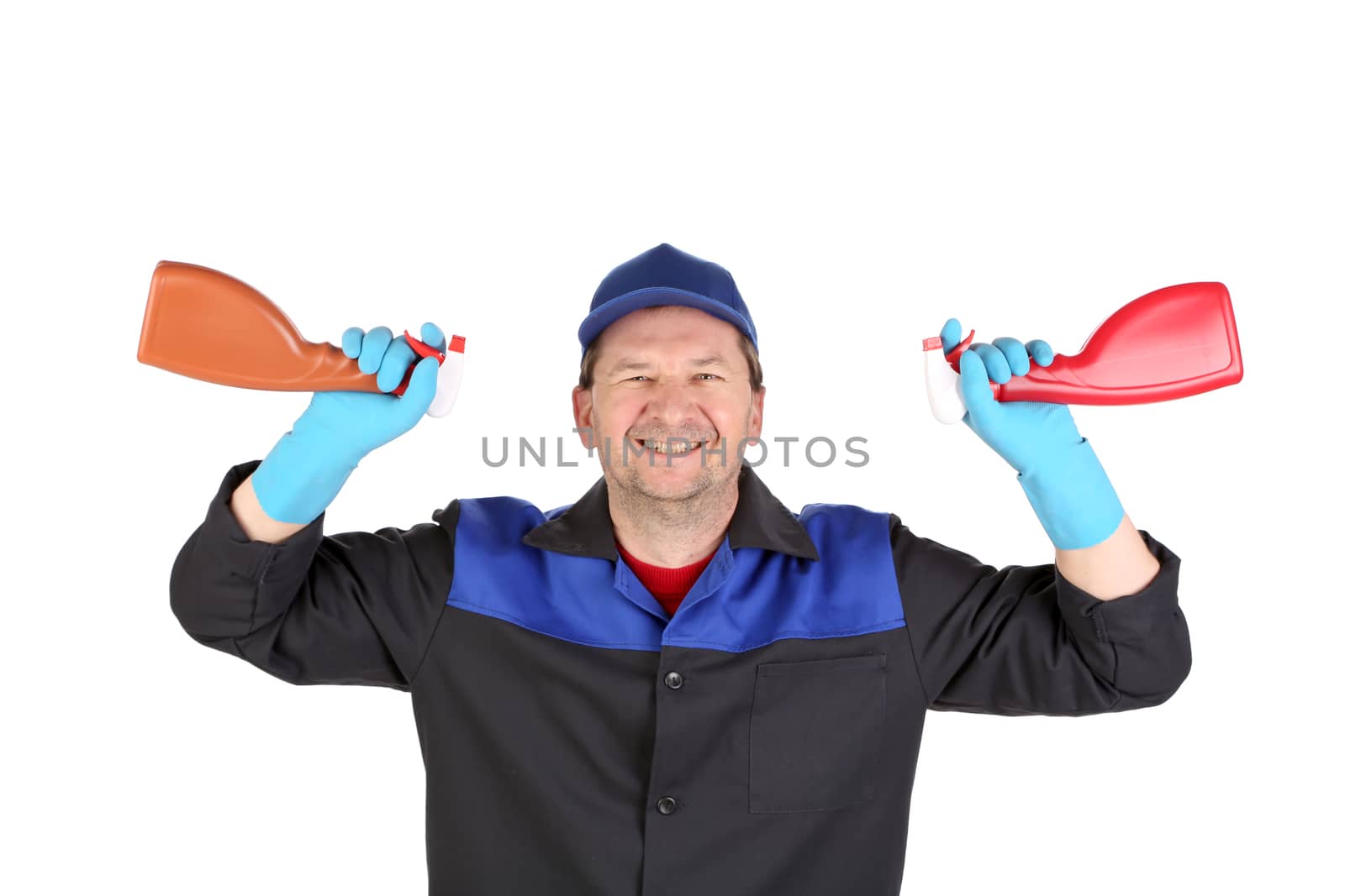 Worker holds spray bottles. Isolated on a white background.
