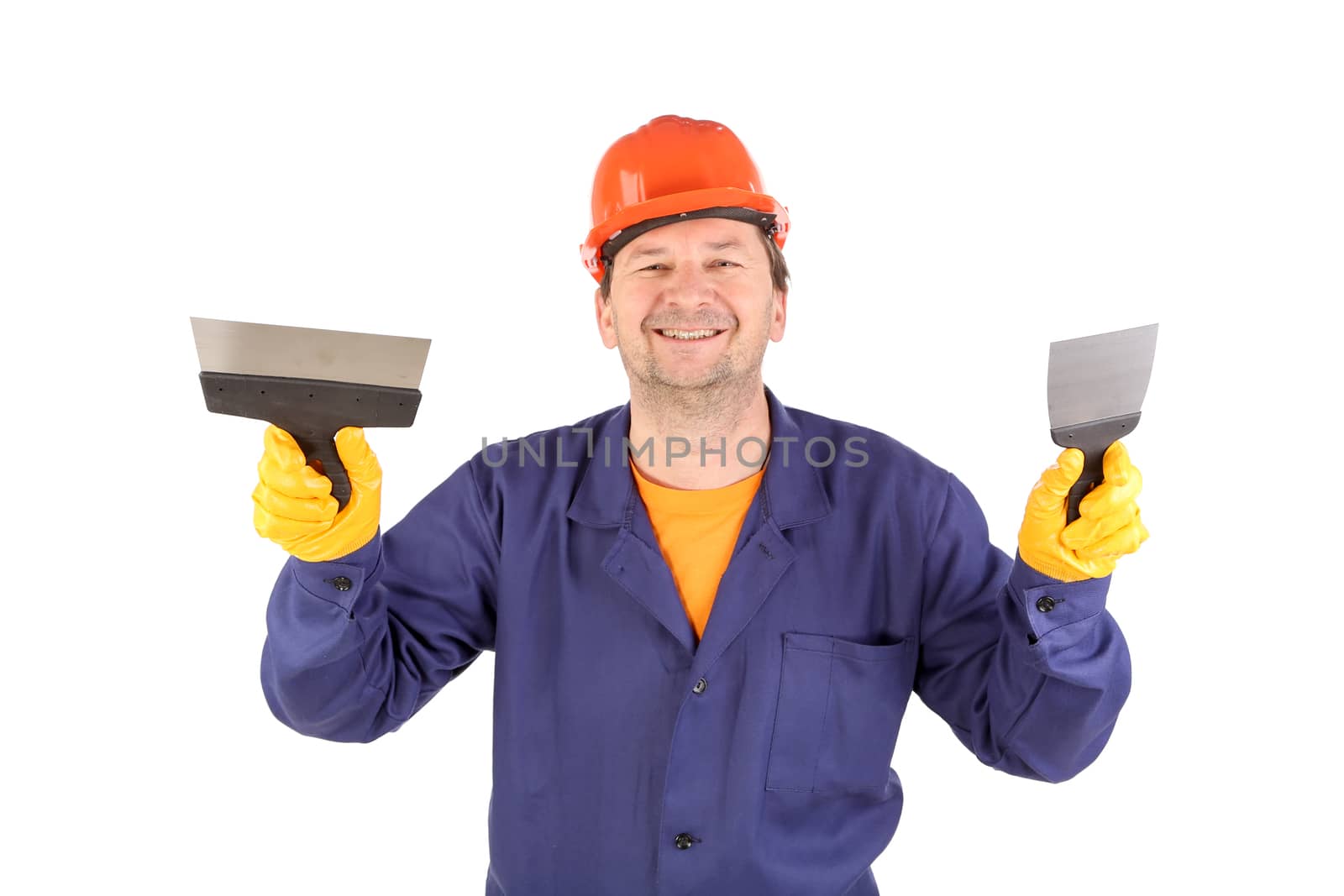 Worker in hard hat holding spatula. Isolated on a white background.