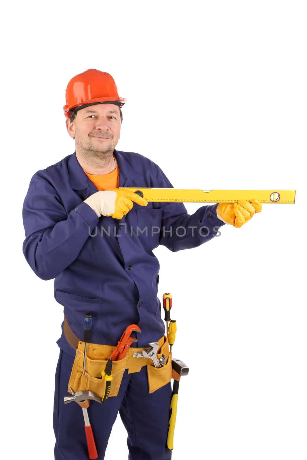 Worker in hardhat holding ruler. Isolated on a white background.
