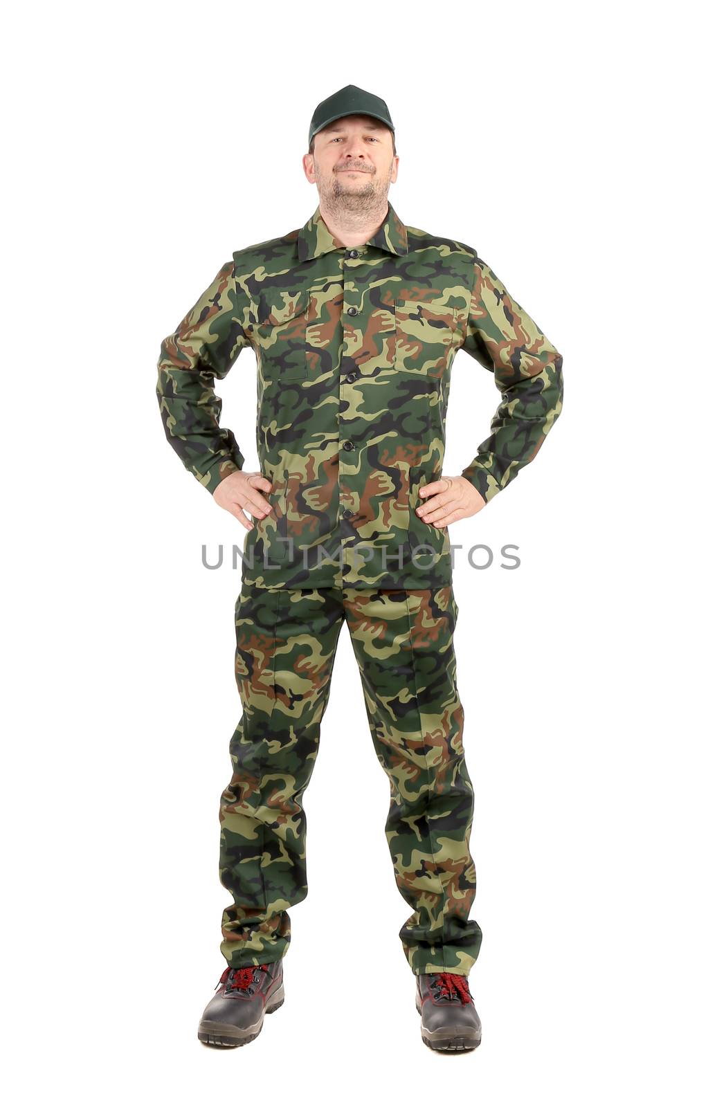 Proud man in military suit. Isolated on a white background.