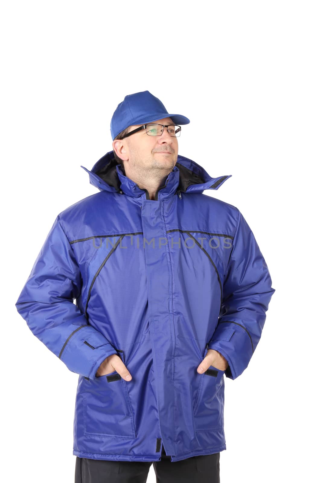 Worker in blue workwear. Isolated on a white background.