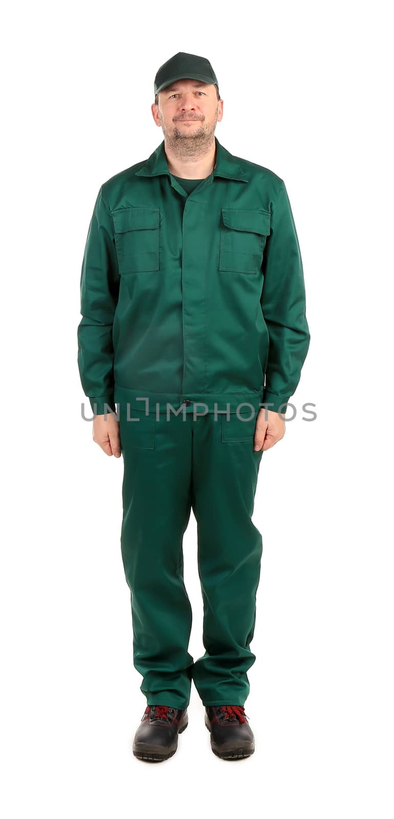 Worker in green workwear. Isolated on a white background.