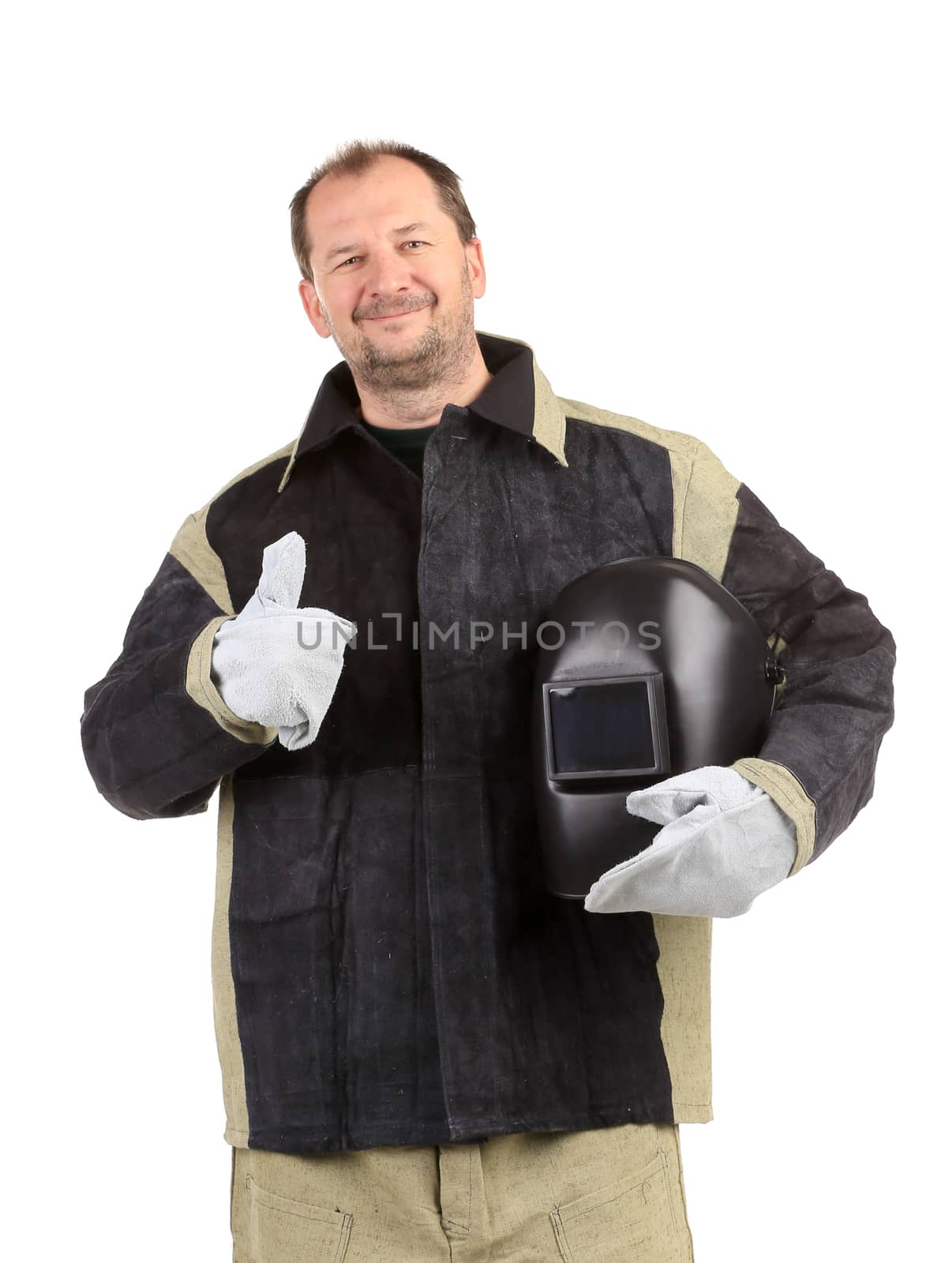 Welder with mask in hands. Isolated on a white background.