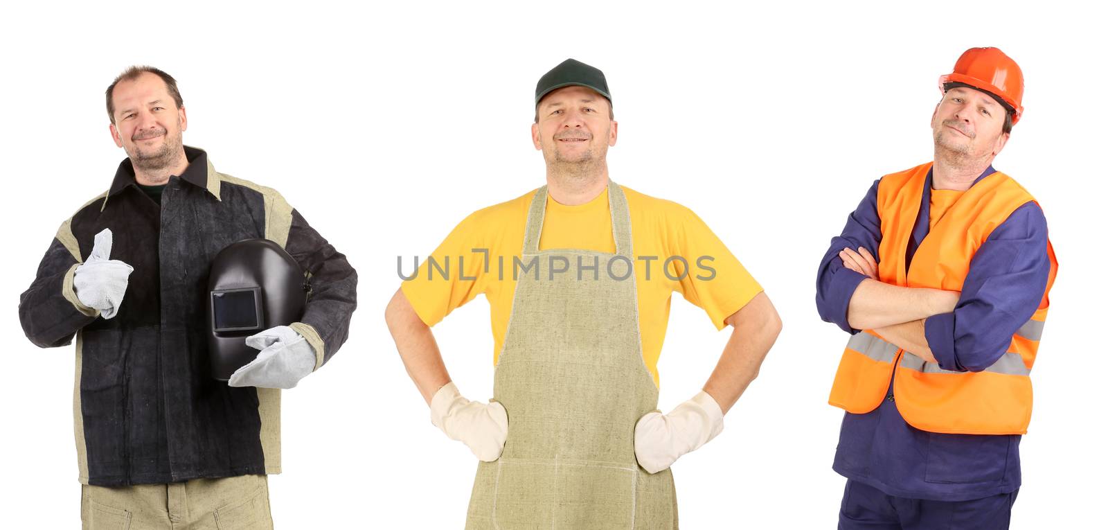 Welder with mask in hands, apron man smiling. Man in workwear and hard ha