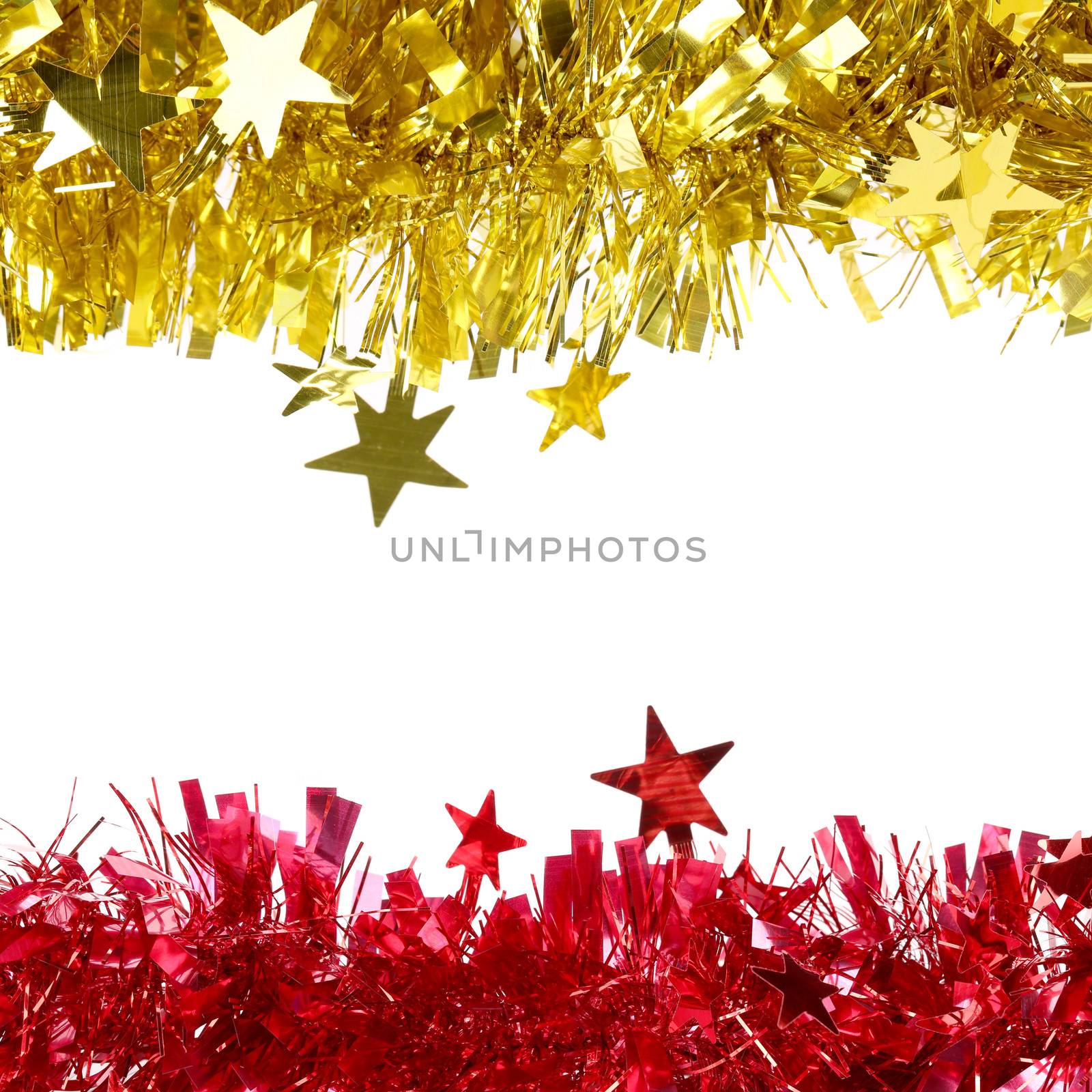 Yellow and red Christmas purple tinsel with stars.
