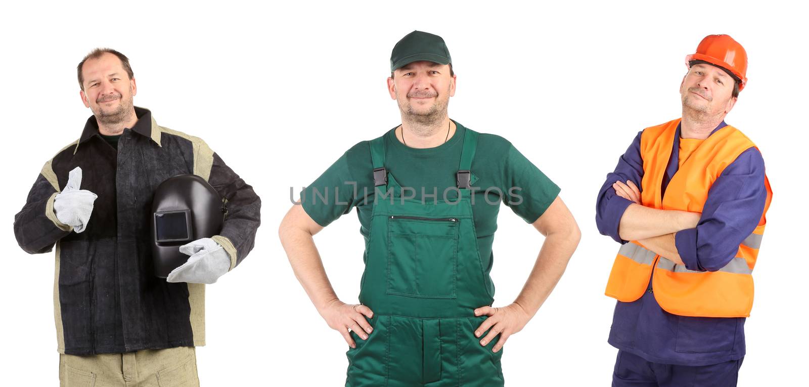 Collage of three workers. Isolated on a white background.
