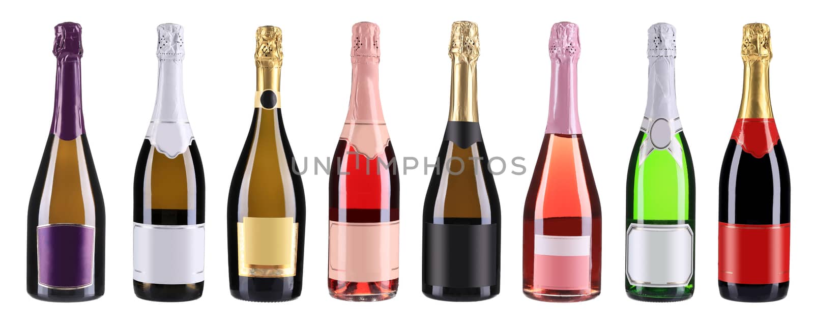 Bottles of champagne in a row. Collage. Isolated on a white background.