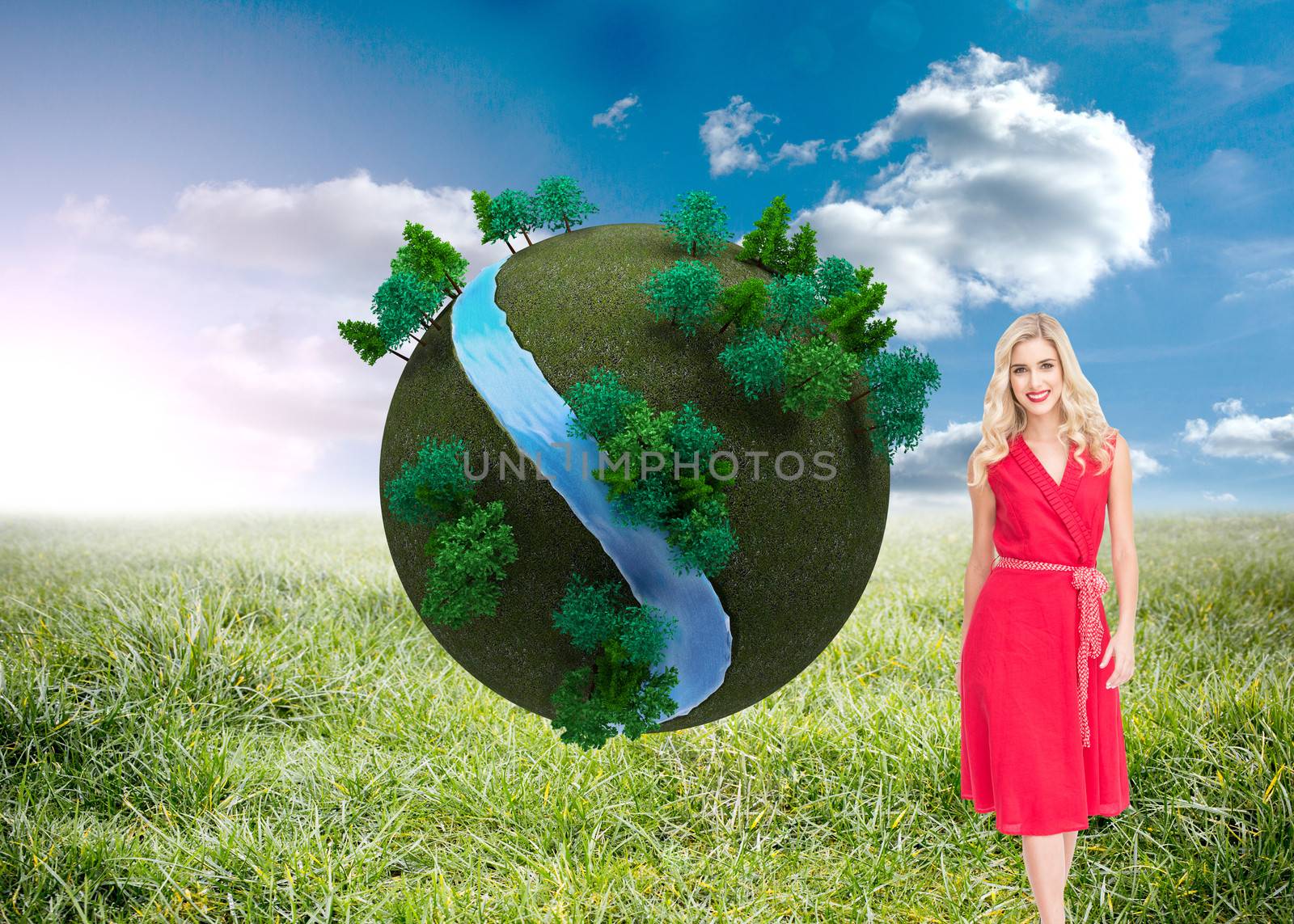 Composite image of smiling attractive blonde walking