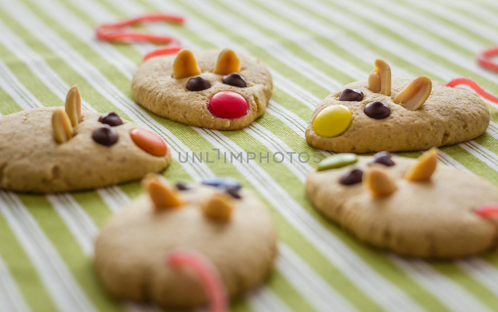 Cookies with mouse shaped and red licorice tail over green striped tablecloth