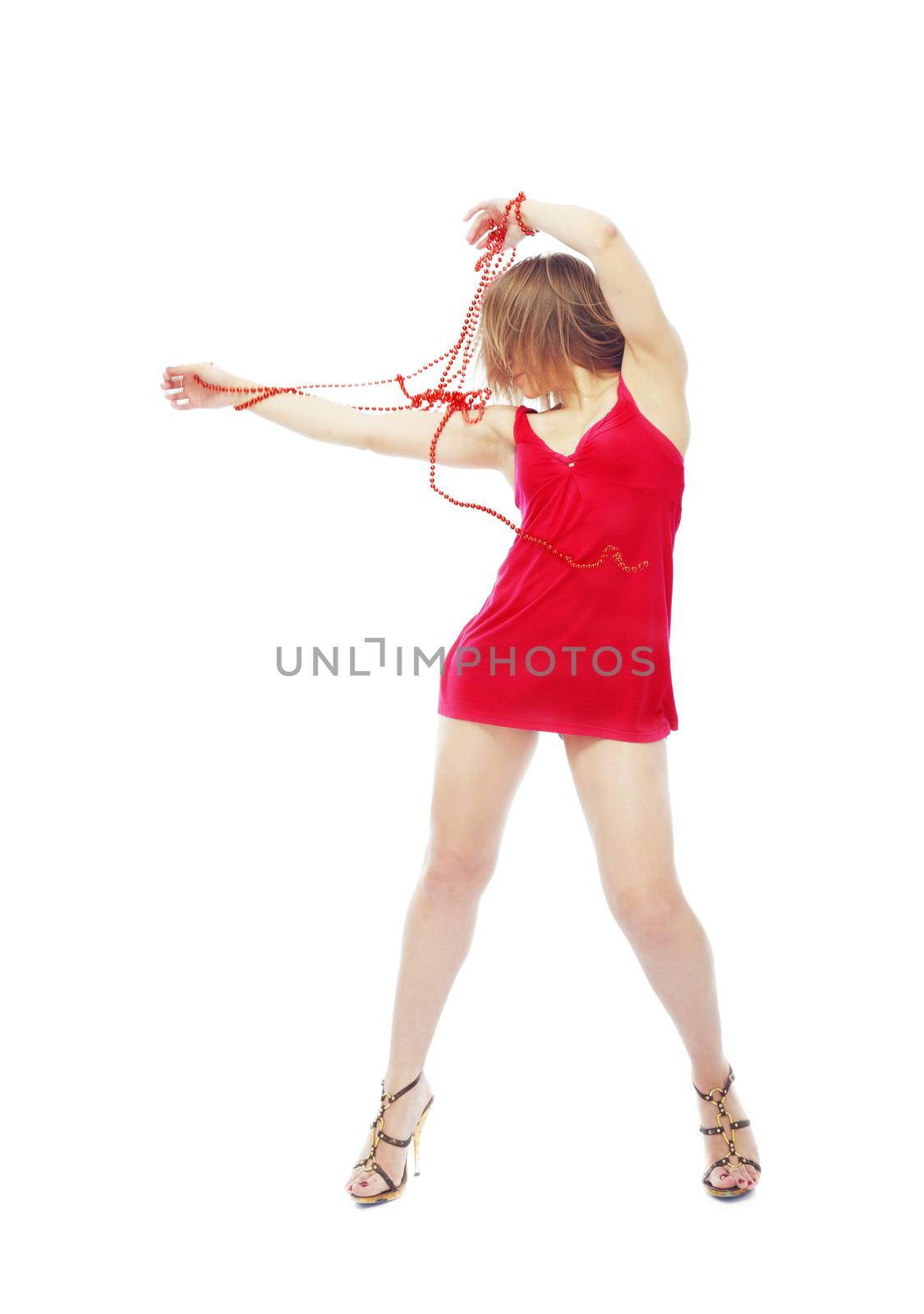 Fashionable lady in red dress playing and moving her chaplet