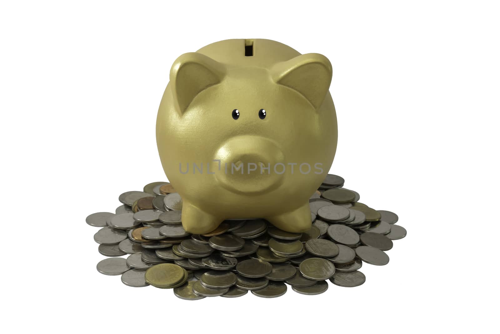 Gold piggy bank on a pile of money., isolated on white. THB coins