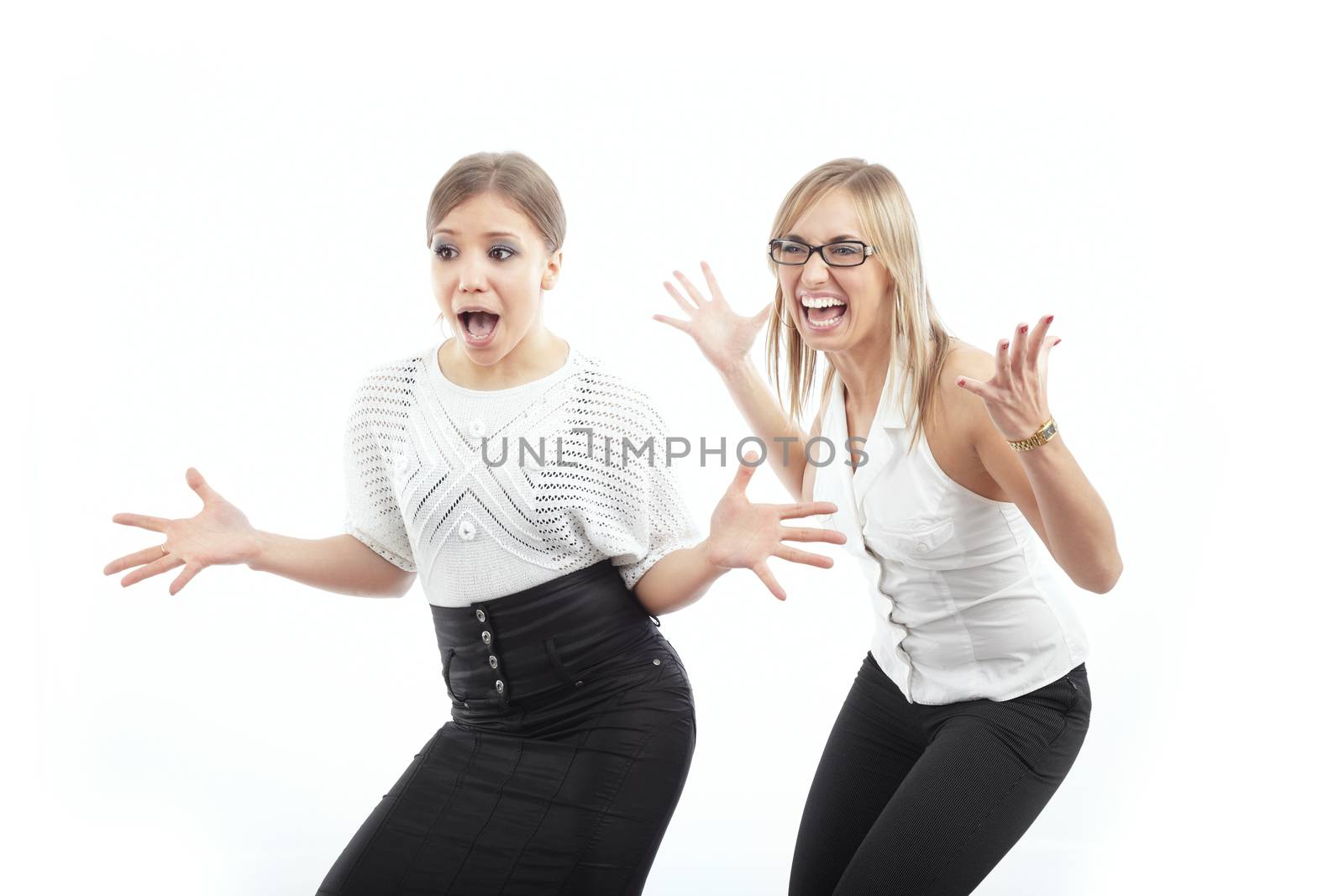 Happy businesswomen crying and gesturing by hands