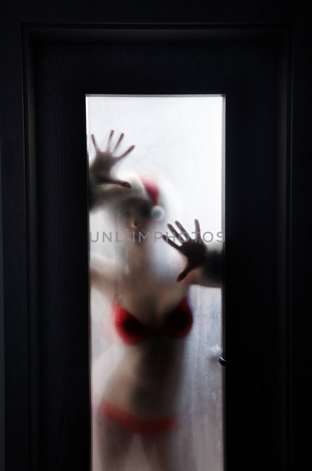Silhouette of the woman in the red lingerie and Santa Claus hat behind the solid glass door in dark interior. Natural colors and shadows