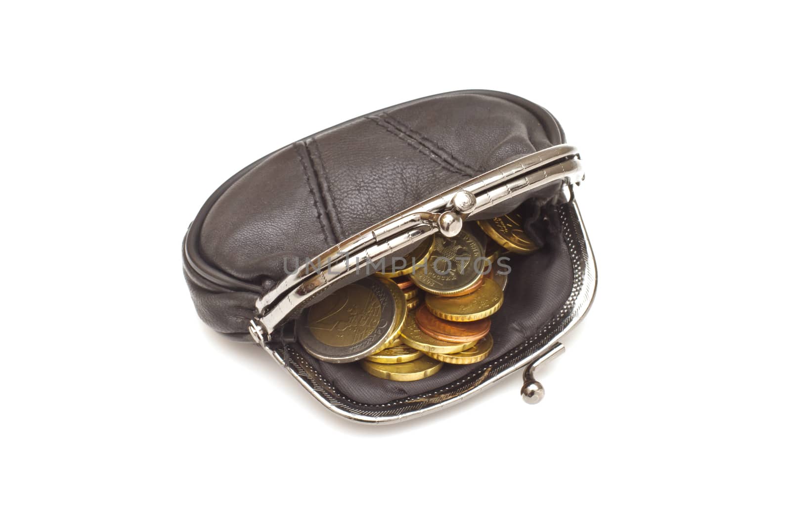 Black leather purse and several euro coins on white background by marslander