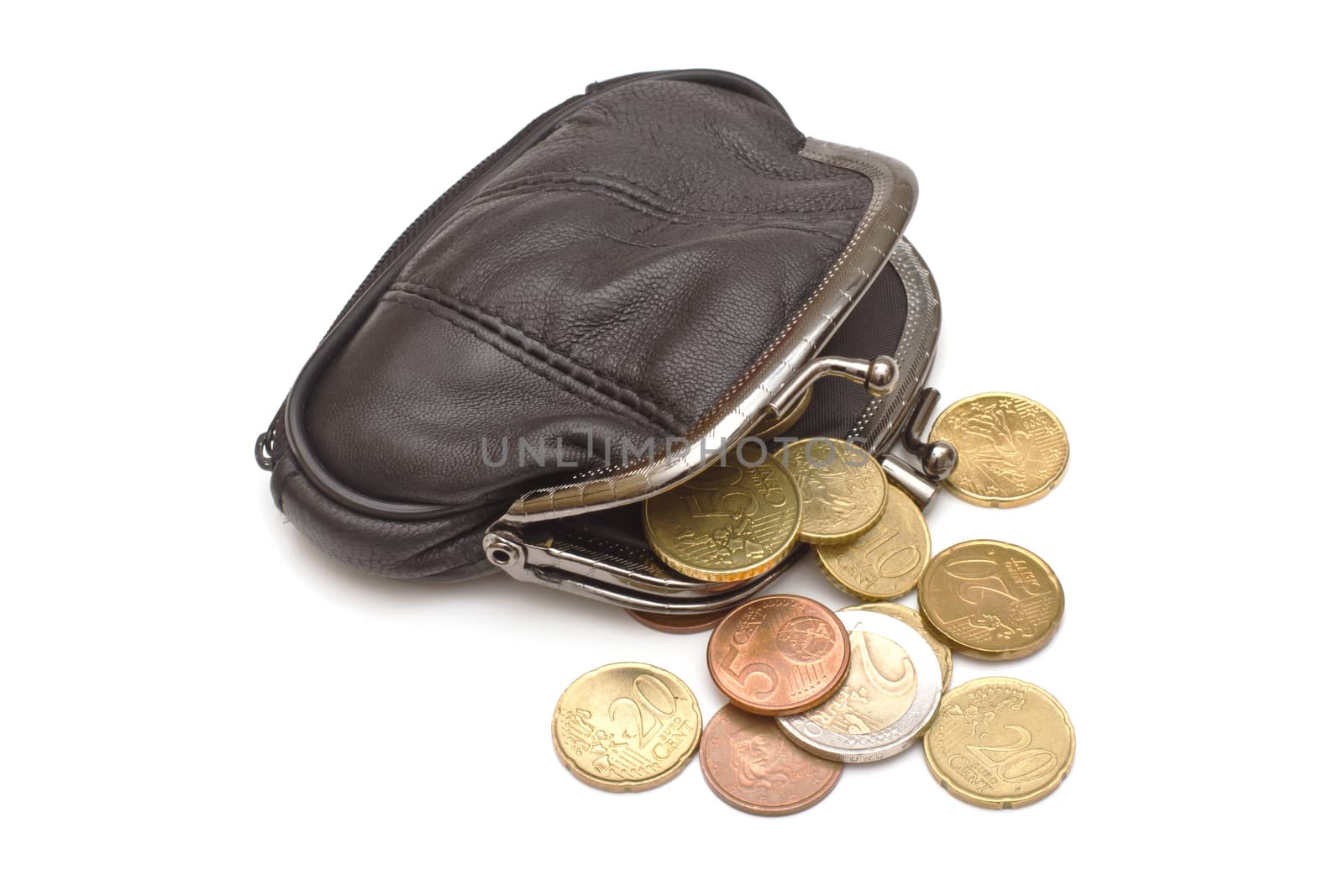 Black leather purse and several euro coins on white background