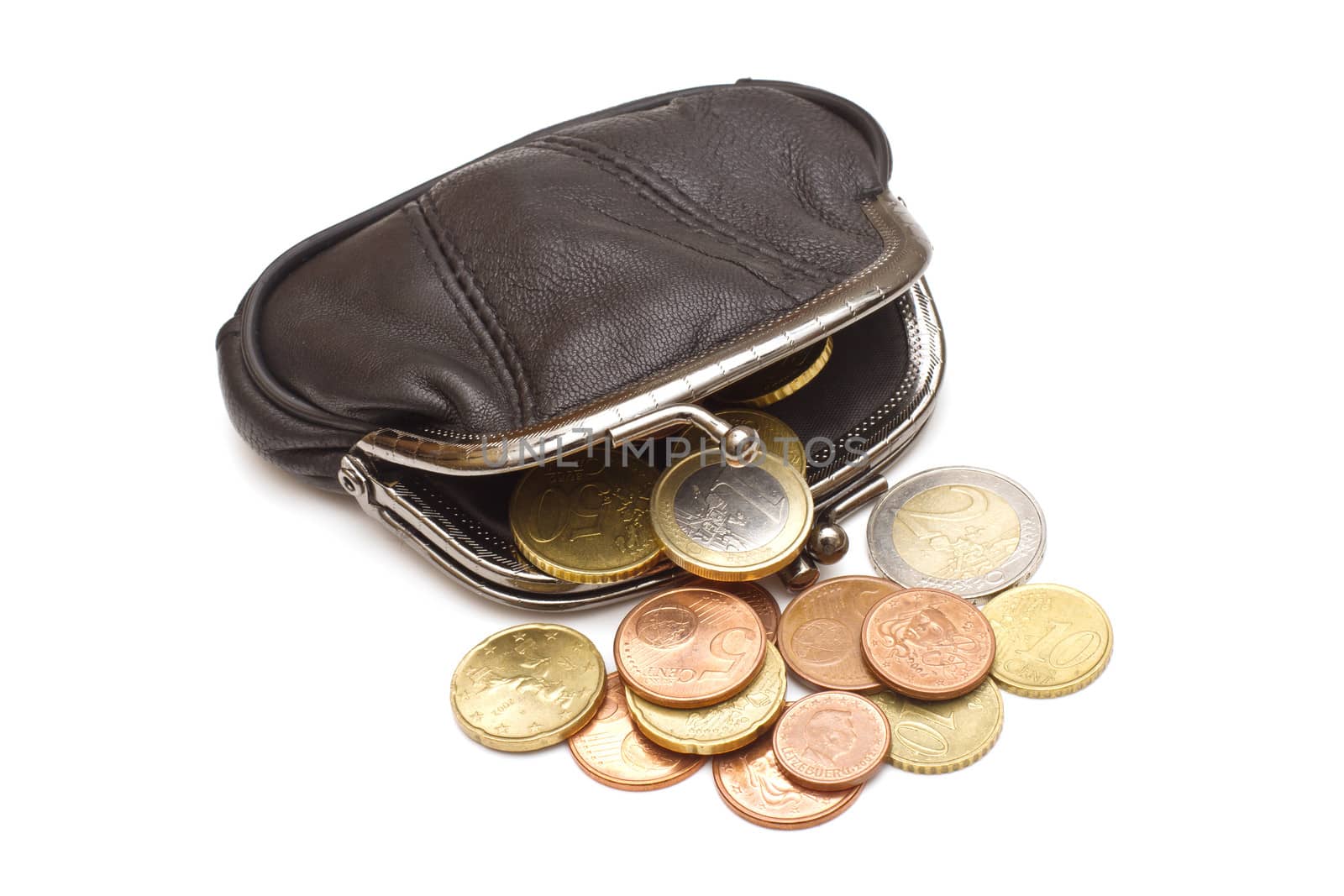 Black leather purse and several euro coins on white background