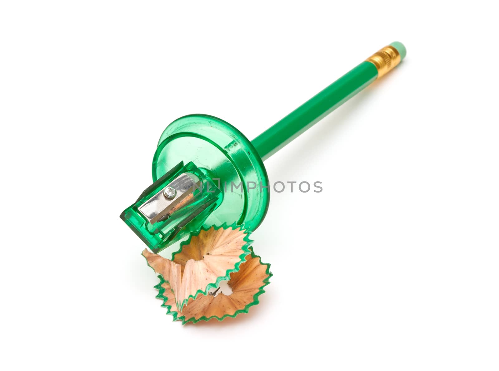 Green sharpener and pencil on white background. by marslander