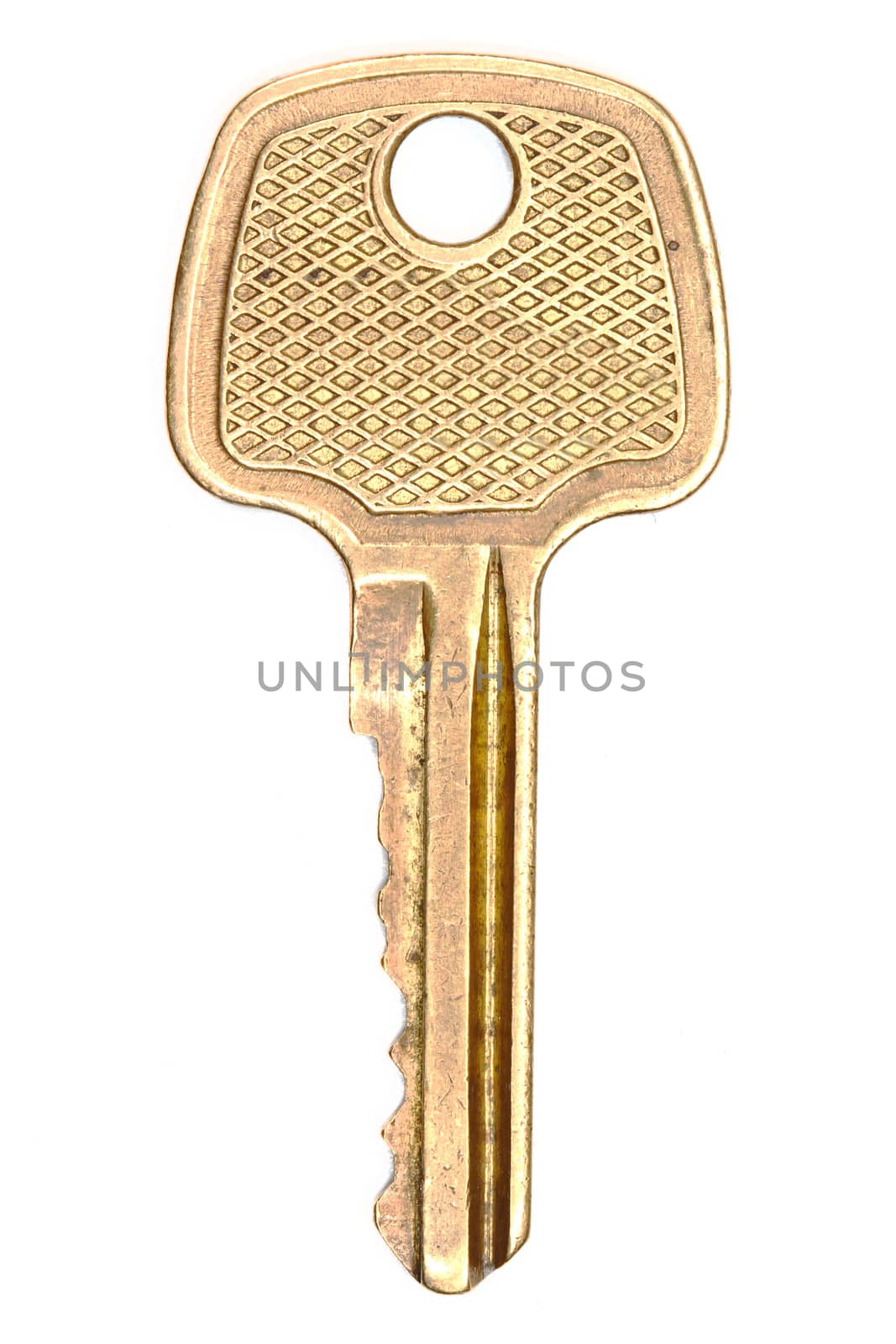 Yellow metallic key isolated on white