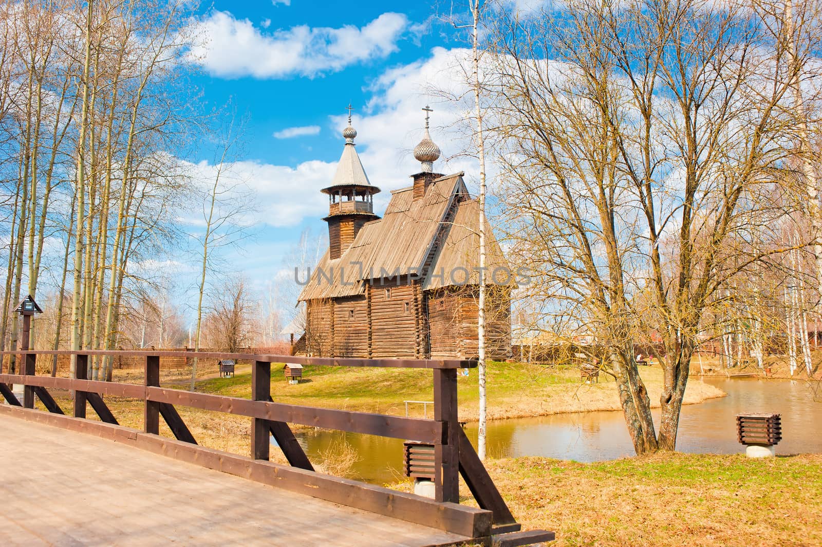 Wooden Russian Orthodox church in the countryside.