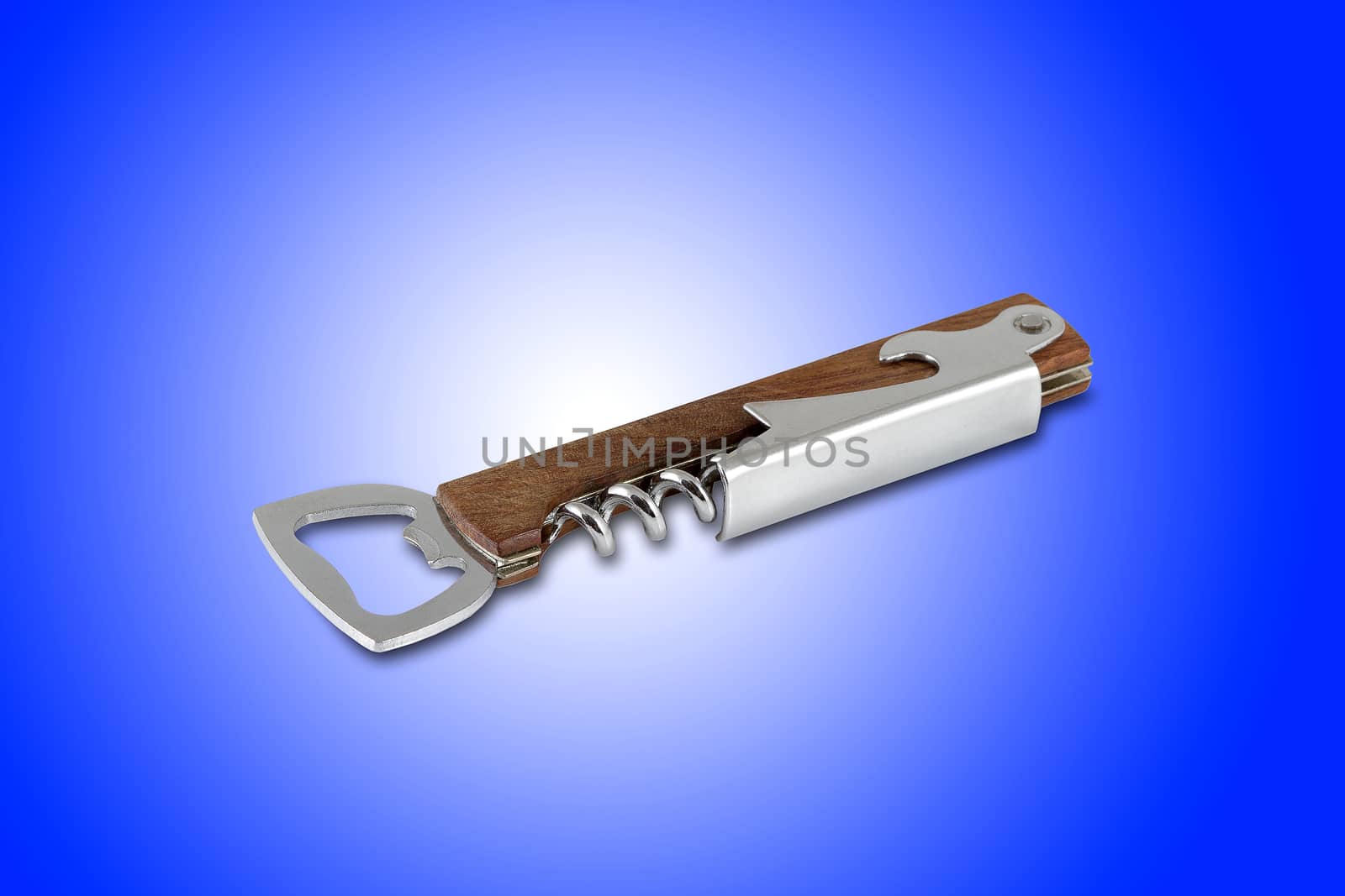 Corkscrew and bottle opener tool, isolated on blue background