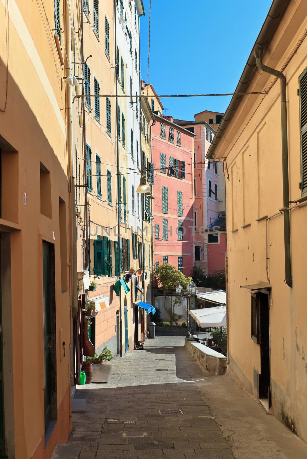 ancient street in Camogli, famous village in Liguria, Italy