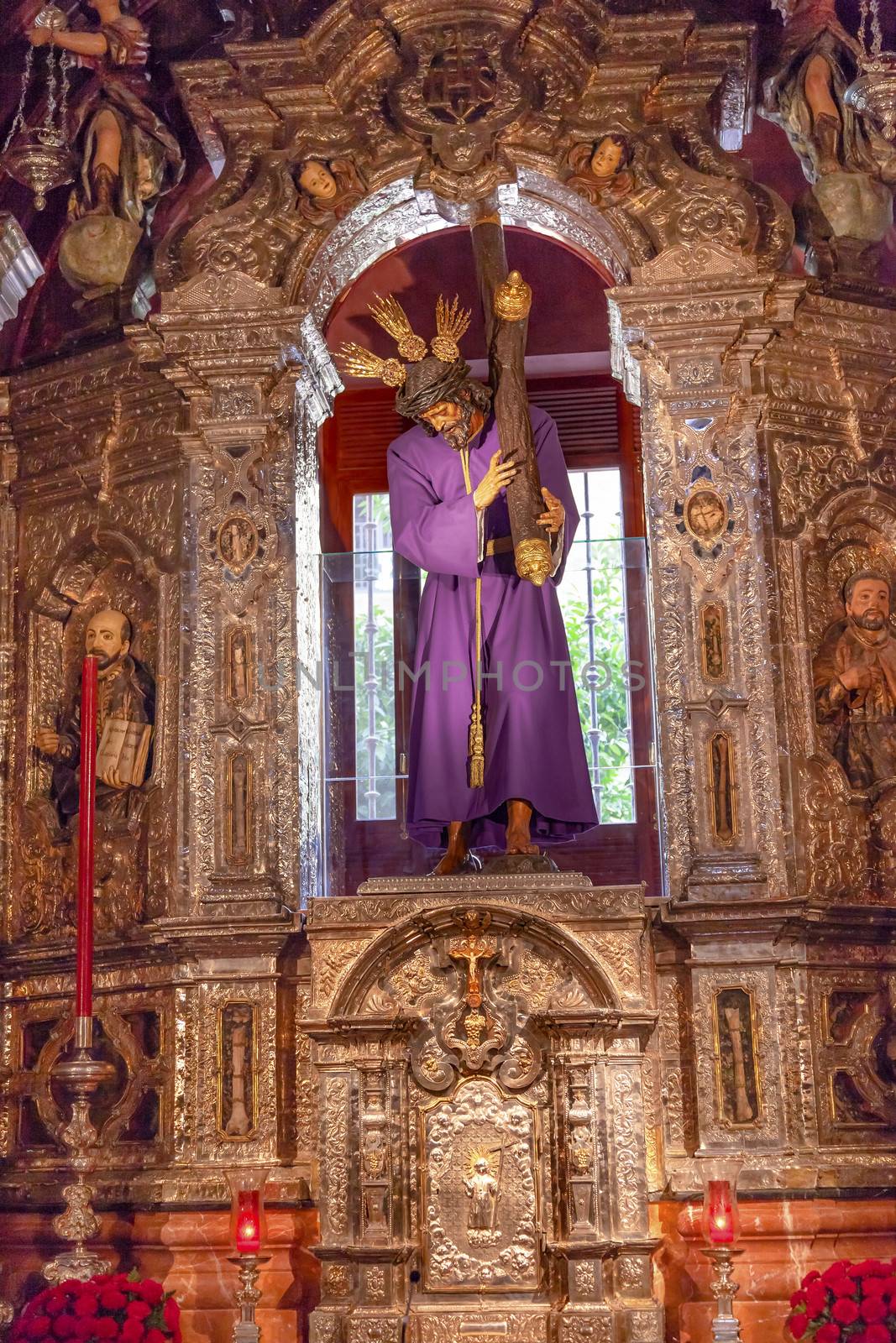 Basilica Jesus With Cross Statue Church of El Salvador, Iglesia de El Salvador, Andalusia, Seville Spain.  Built in the 1700s.  Second largest church in Seville.