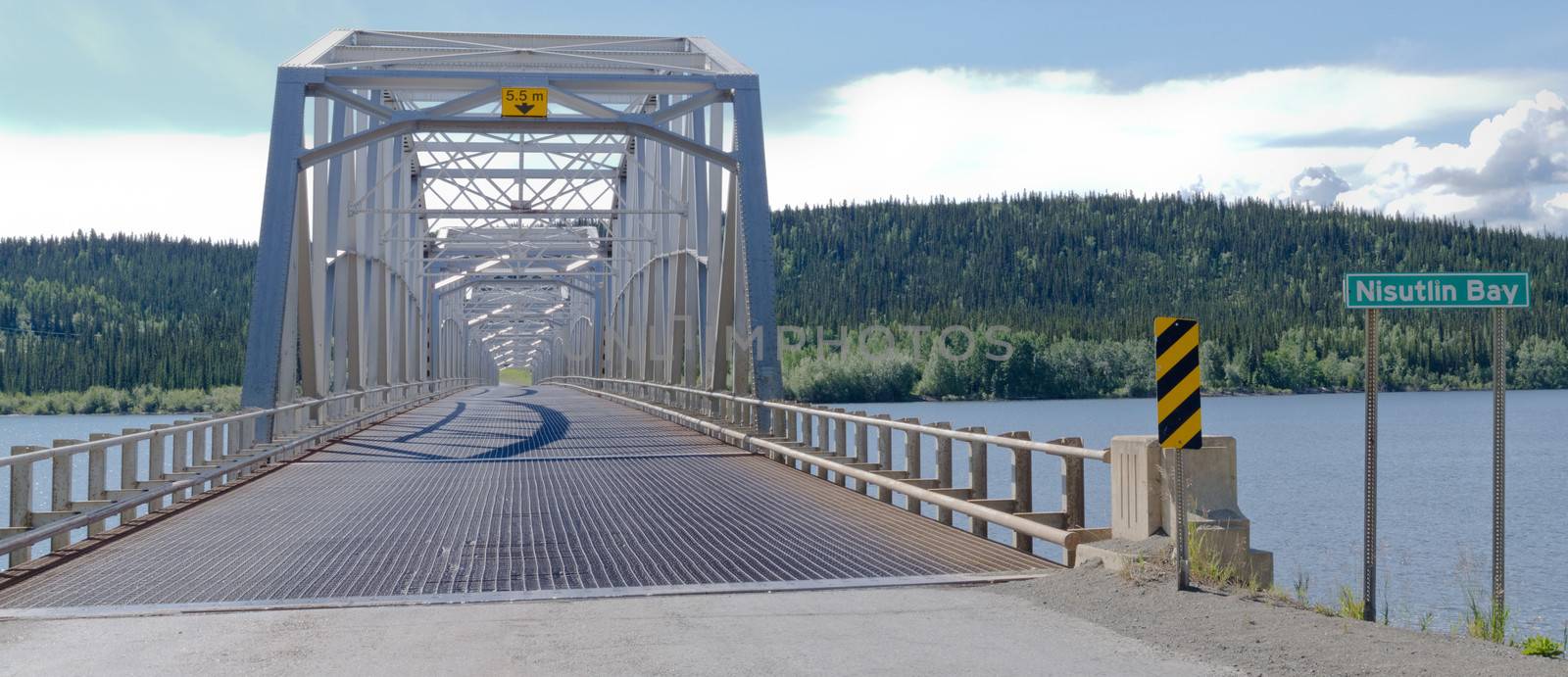 Steel bridge across Nisulin Bay of Teslin Lake, longest bridge on the Alaska Highway, 584 m, 1917 feet, Yukon Territory, Canada