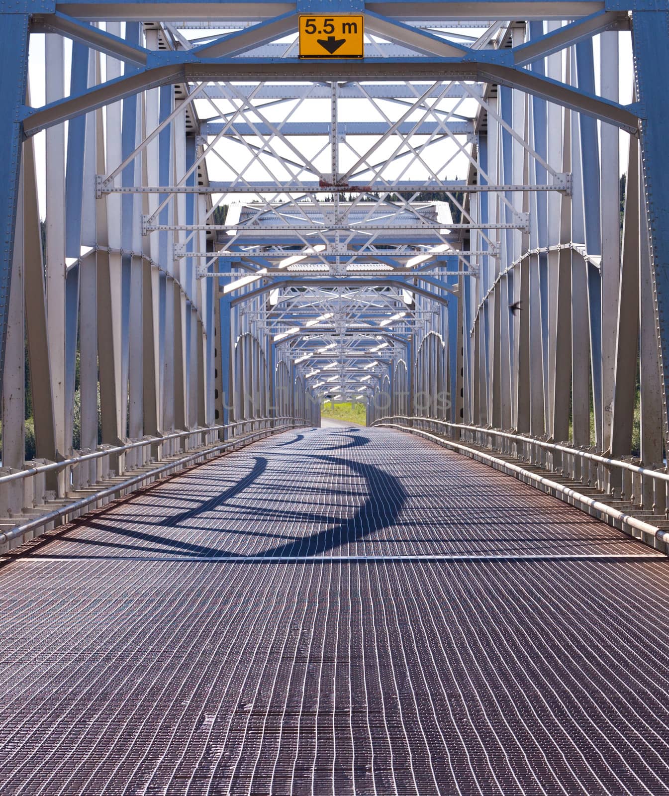 Steel grated trusses bridge construction on Alaska Highway at Nisutlin Bay, Teslin Lake, Yukon Territory, Canada