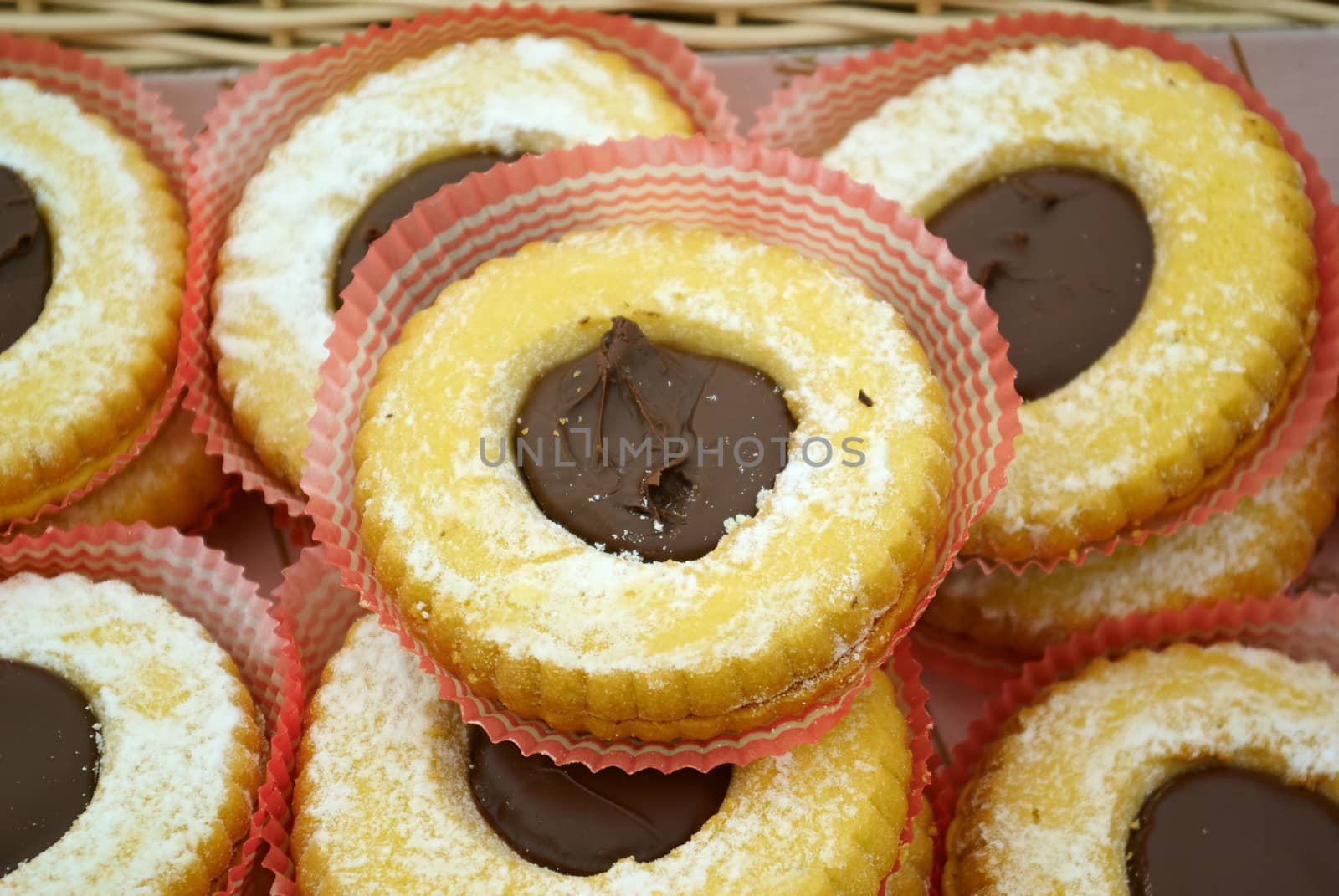 Chocolate filled cookies presented on a serving tray