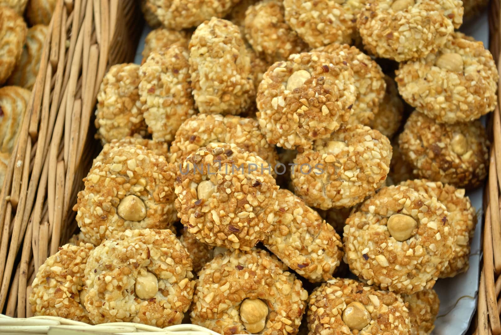 Delicious bakes nuts cookies served in a rattan tray