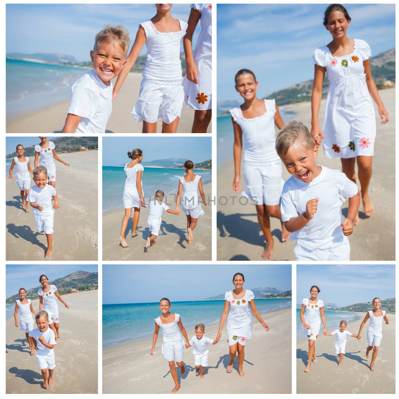 Collage of adorable happy boy and girls running on beach vacation
