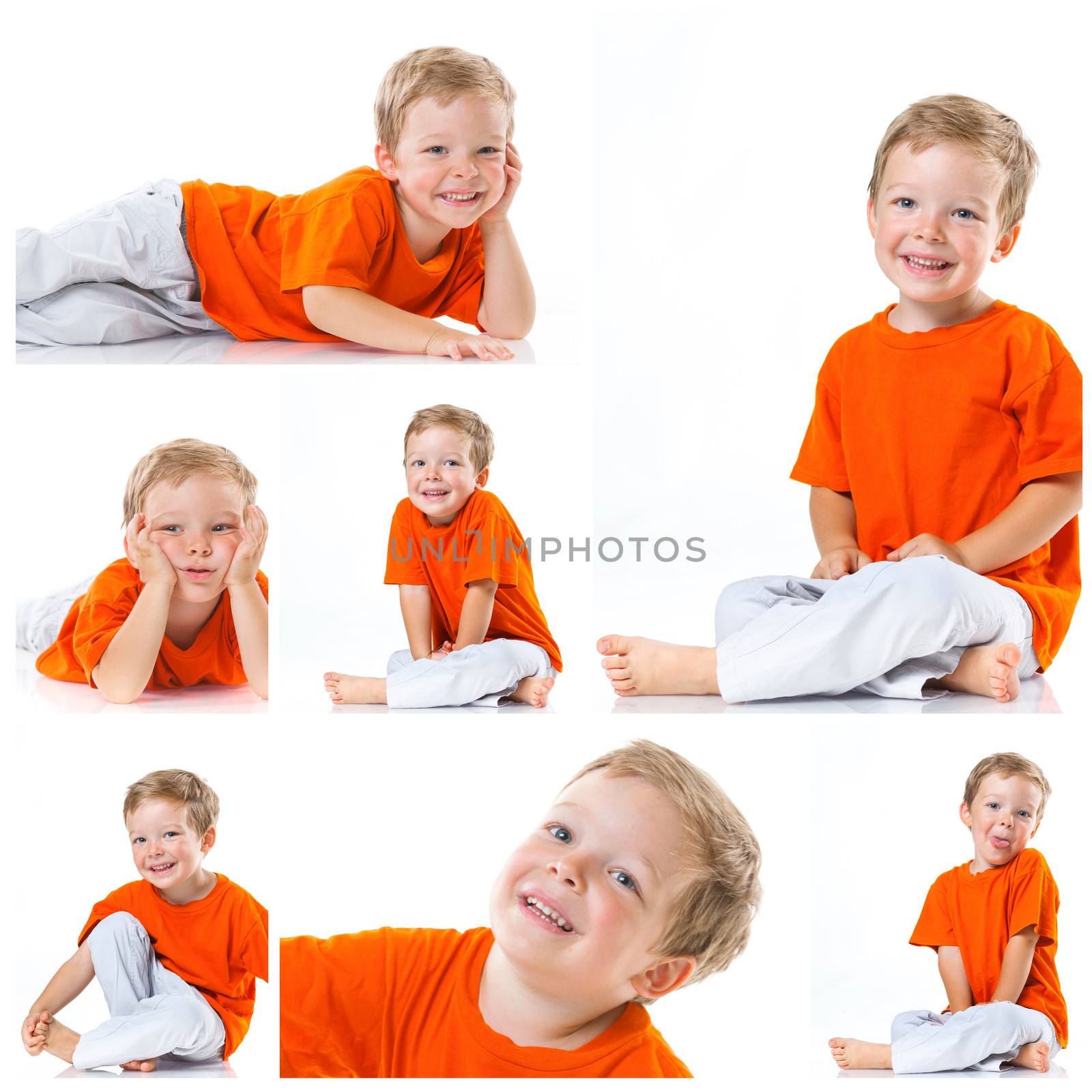 Collage of adorable happy boy sitting on the floor in studio. Isolated of white background.