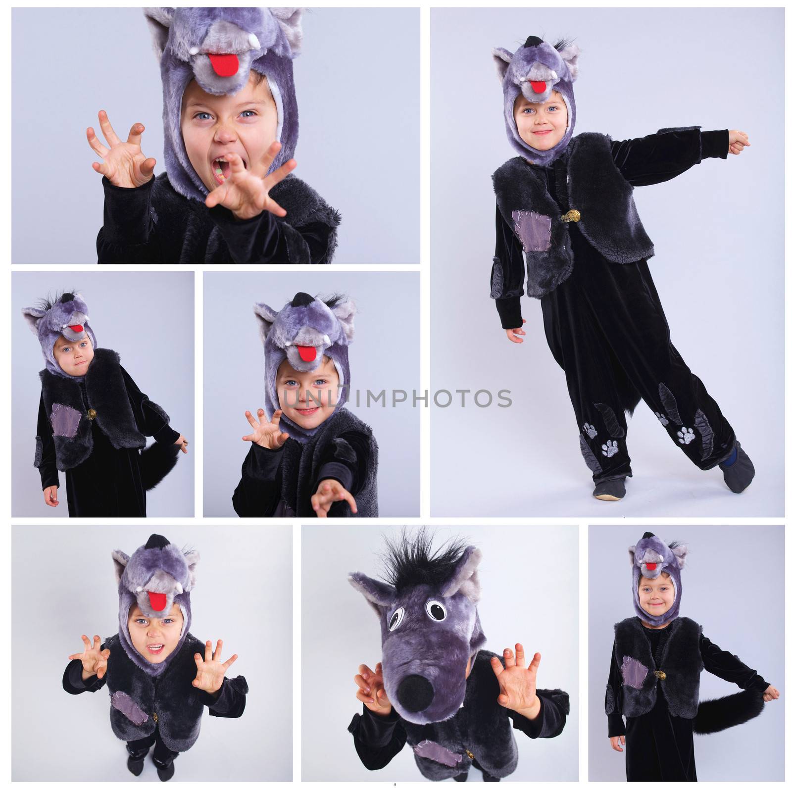 Collage of a portrait of a little boy trying a carnival suit of wolf on the grey background