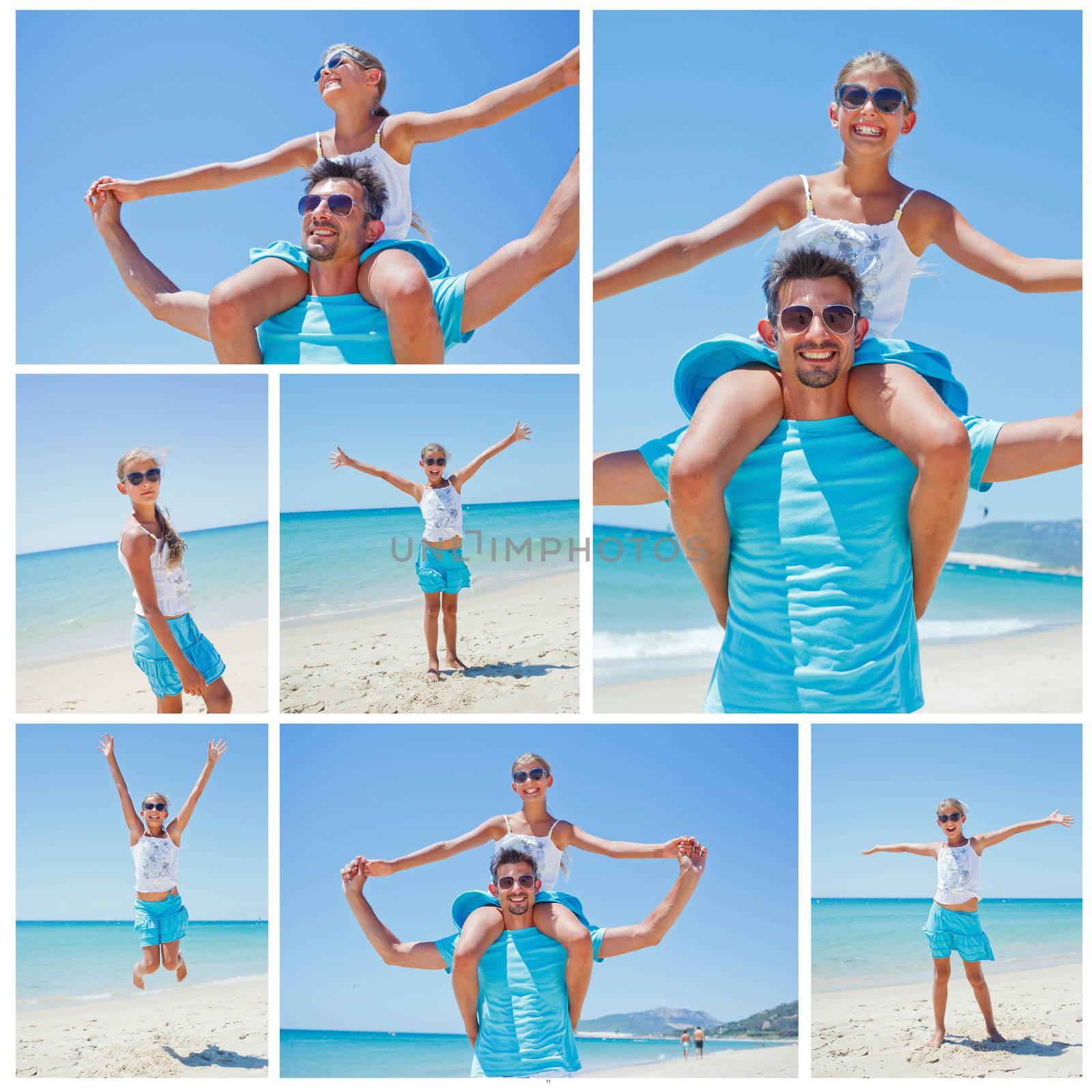 Collage of portrait of father and daughter having fun on tropical beach