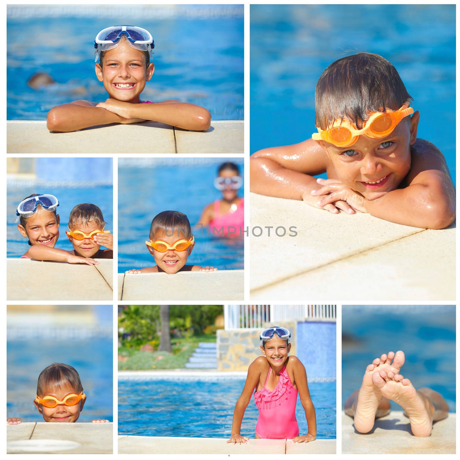 Collage of activities on the pool. Cute kids in swimming pool