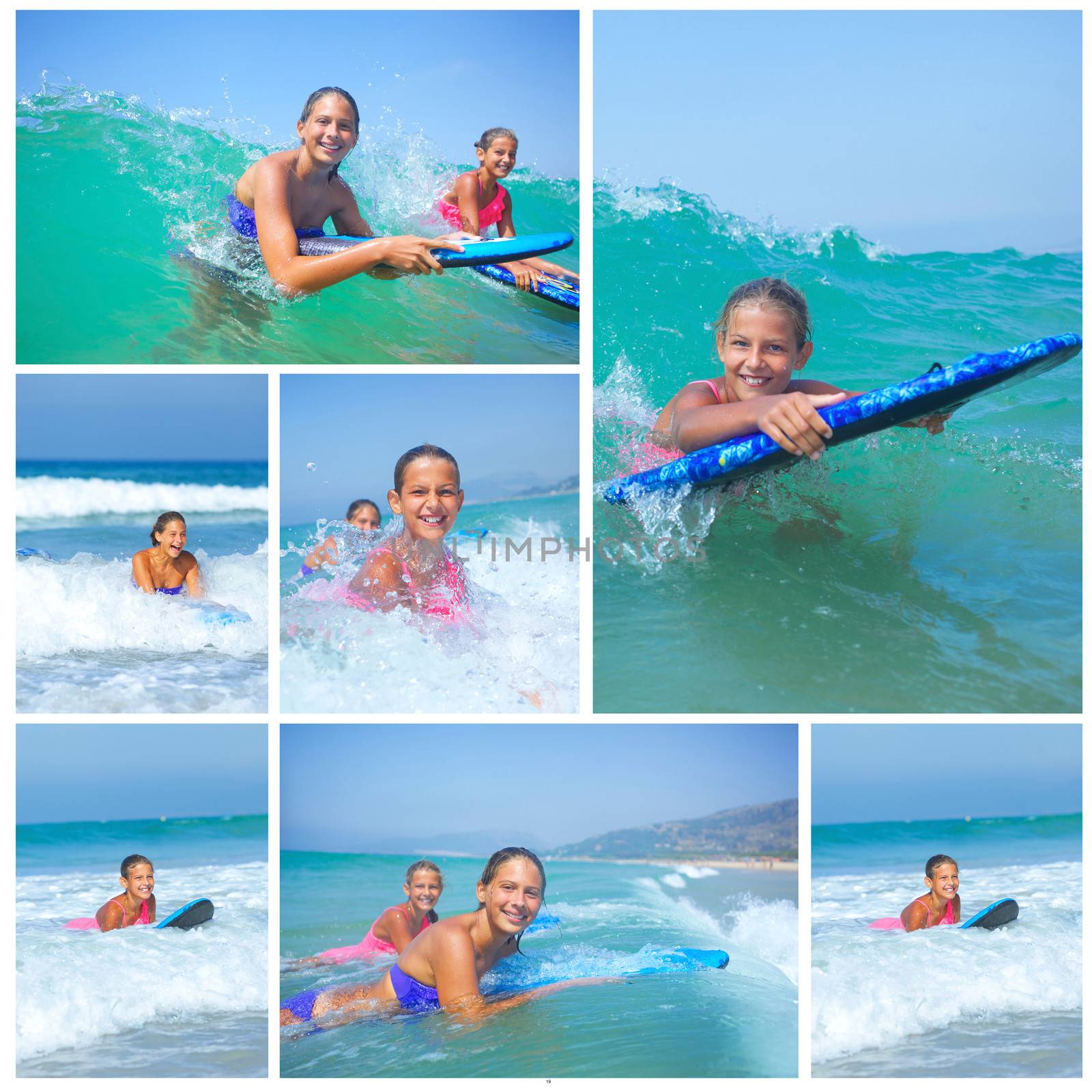 Summer vacation - Collage of two cute girls having fun with surfboard in the ocean