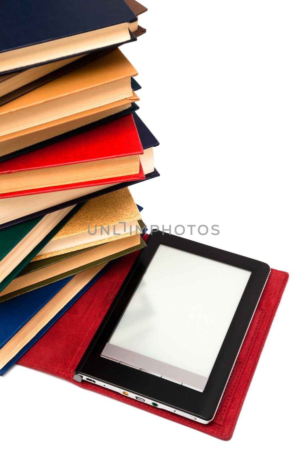 reader and old books on a white background