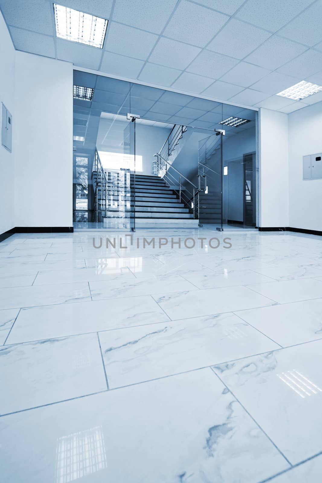 Glass doors with a kind on a marble staircase