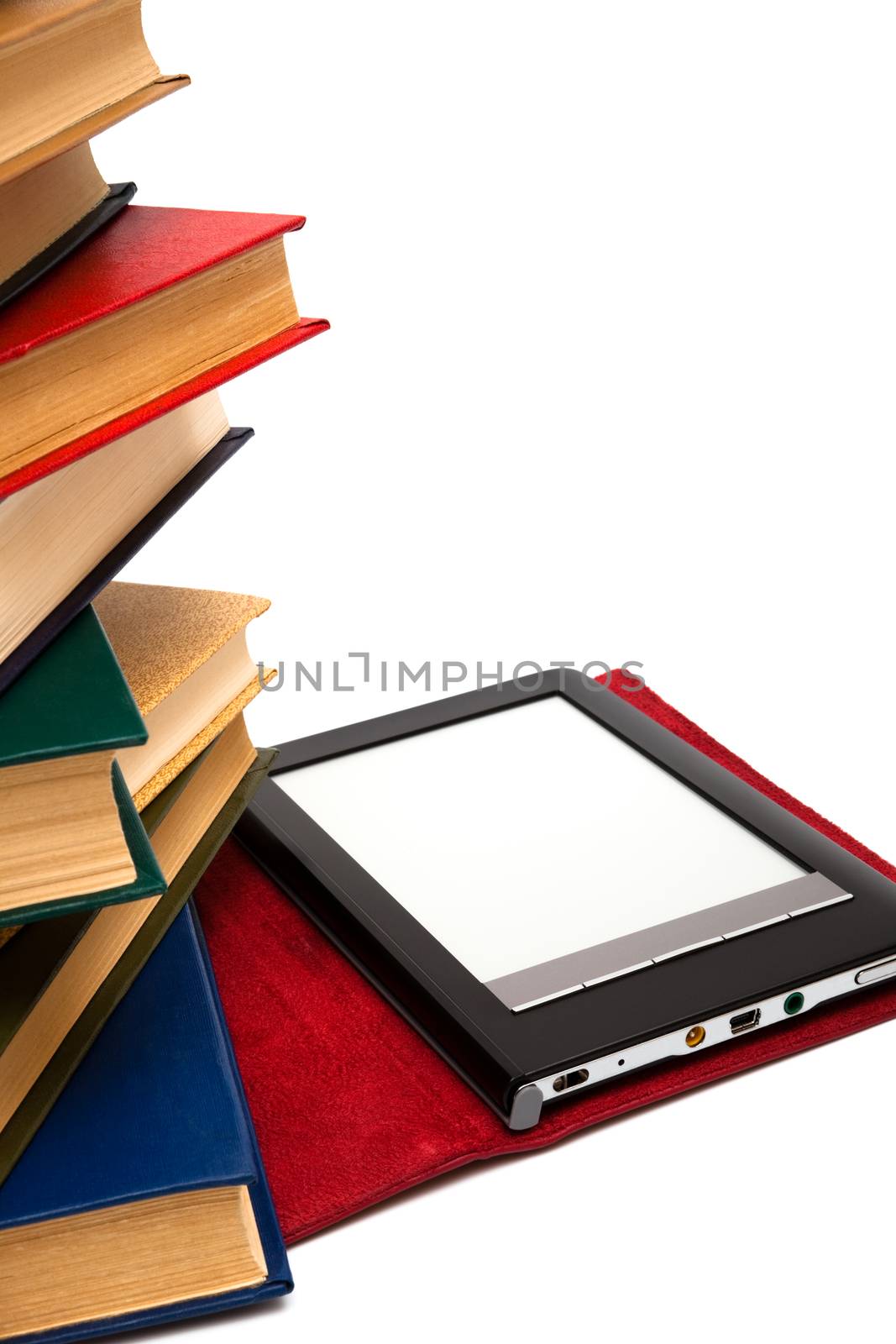 reader and old books on a white background