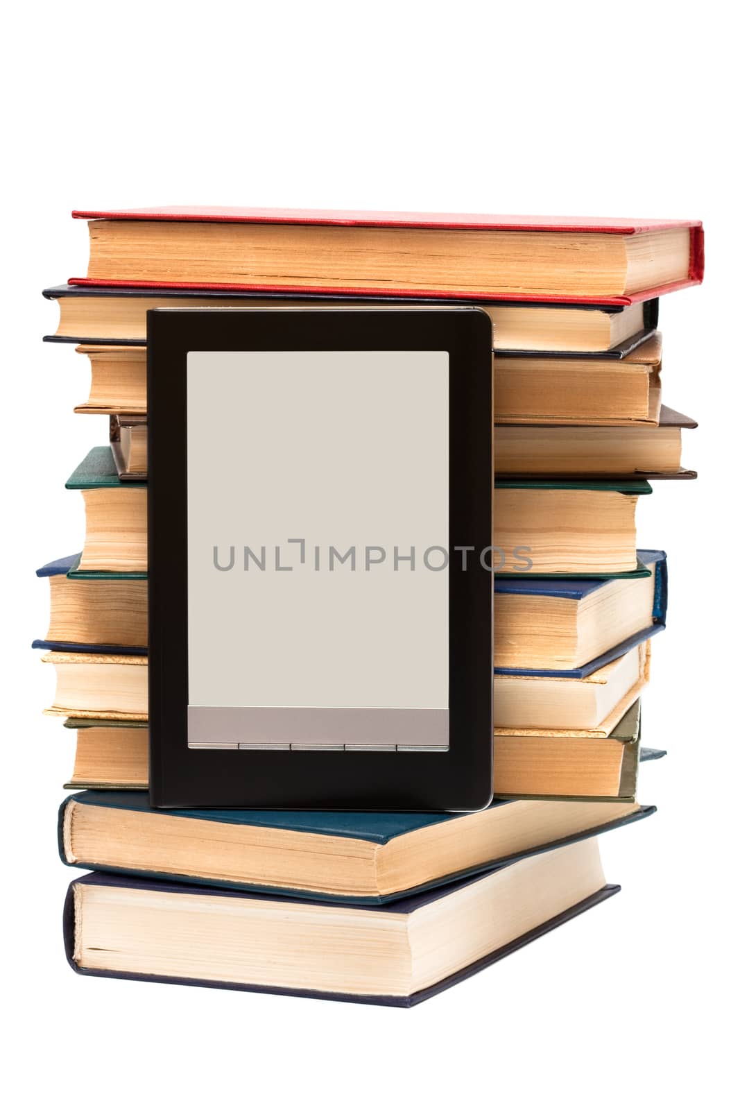 reader and old books on a white background