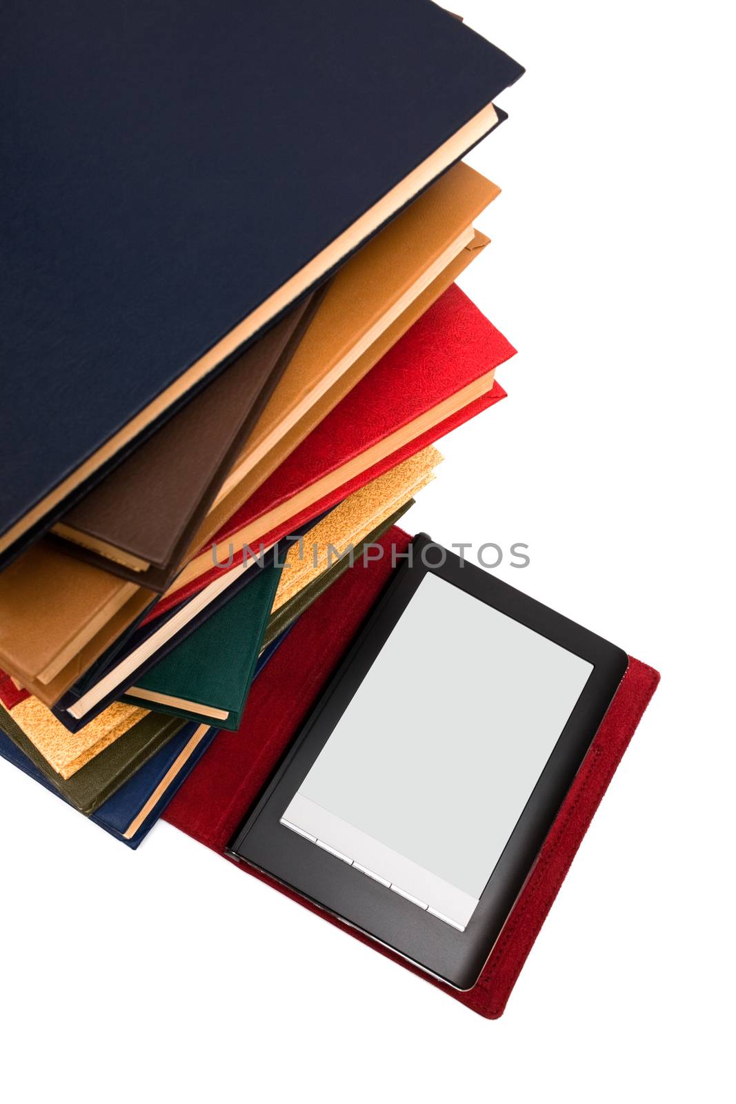 reader and old books on a white background